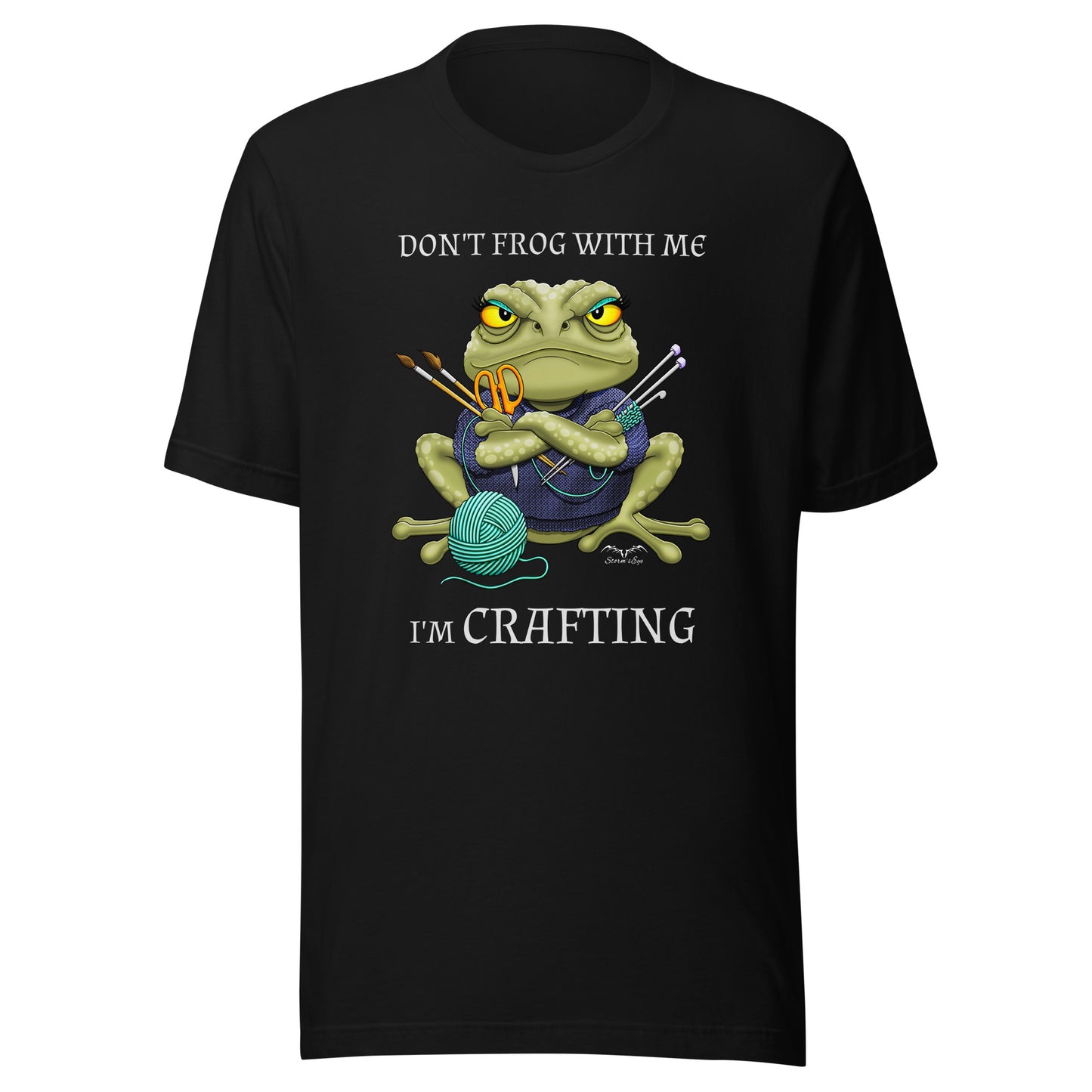 stormseye design crafting frog T shirt, flat view black