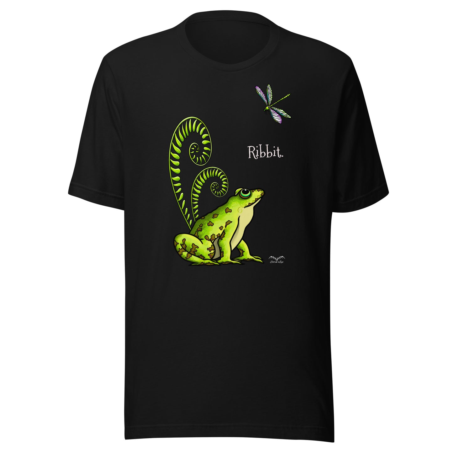 stormseye design pretty frog dragonfly T shirt, flat view black