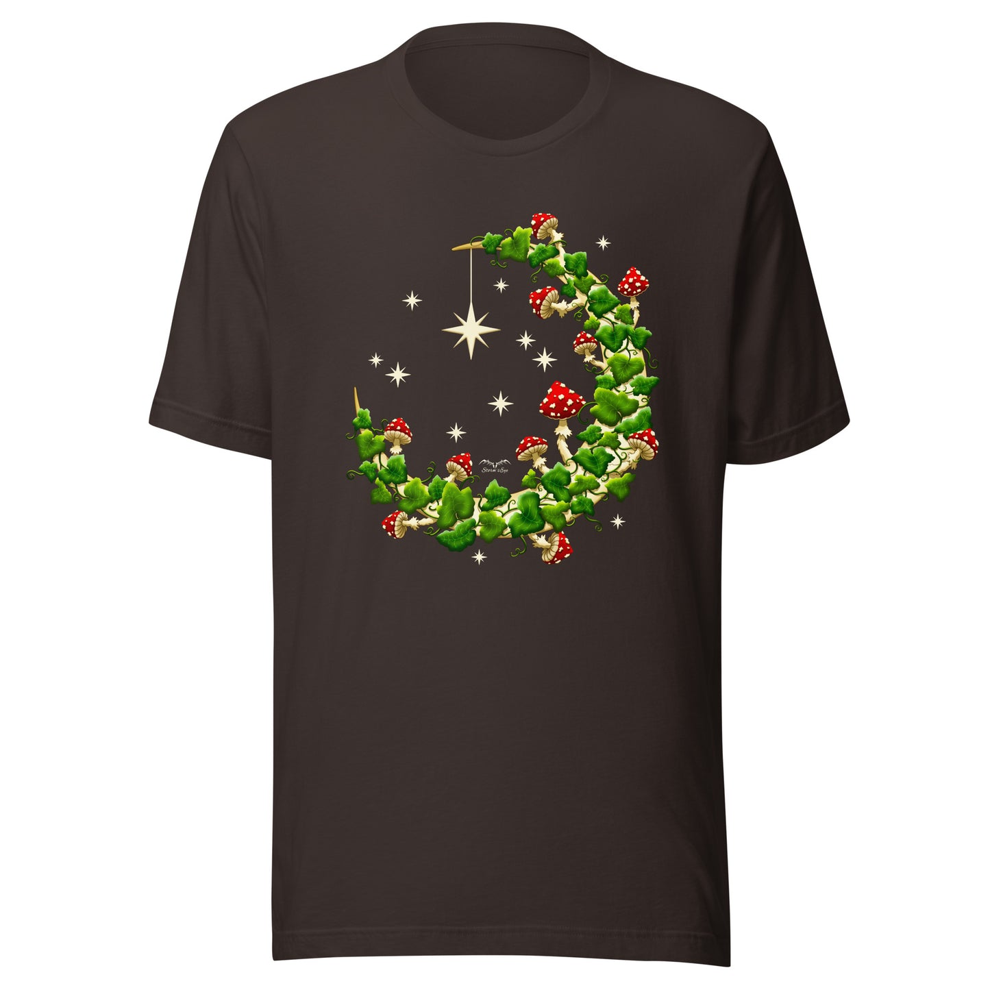 stormseye design mushroom moon witchy cottagecore T shirt, colour, flat view brown