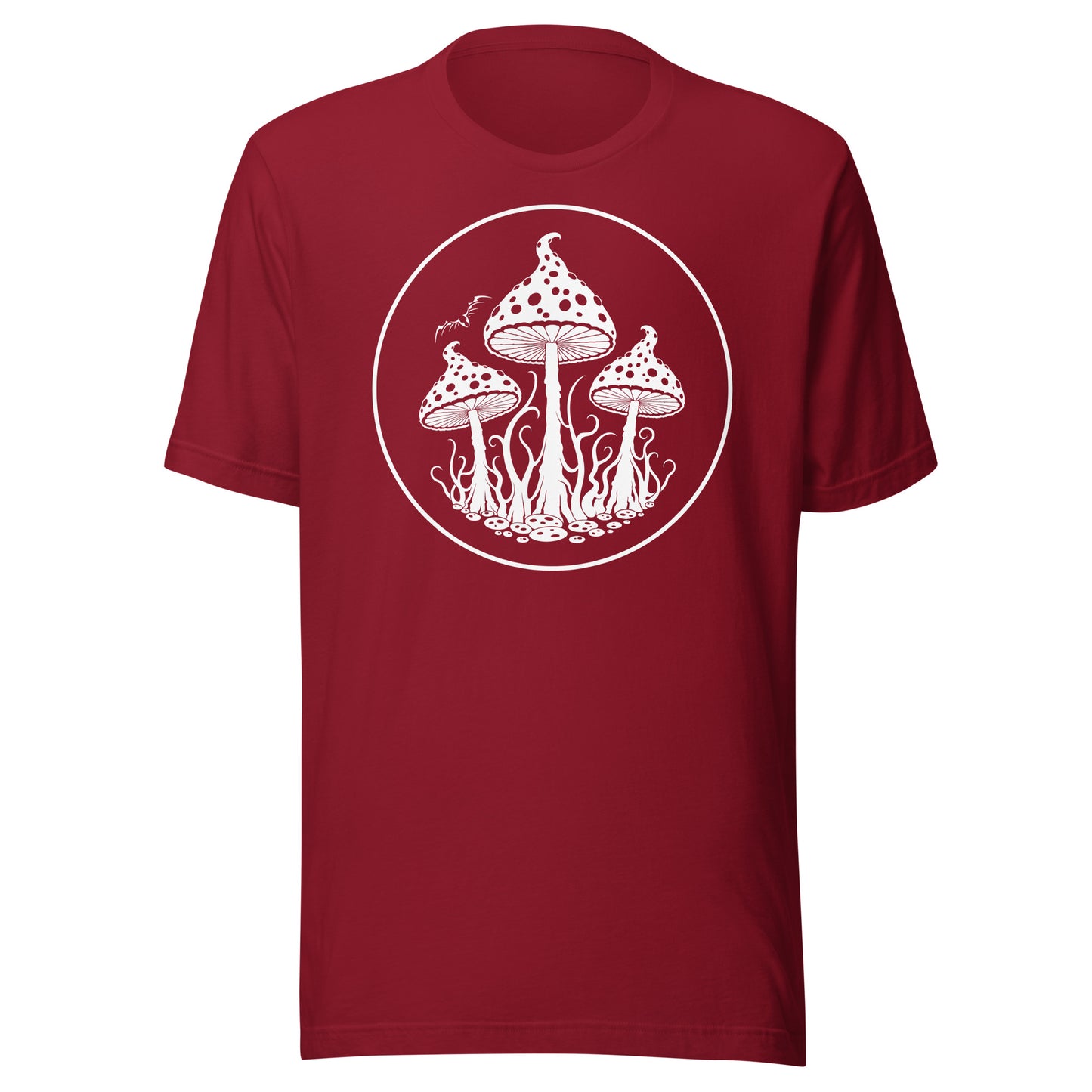 stormseye design trippy mushrooms T shirt, flat view cardinal red