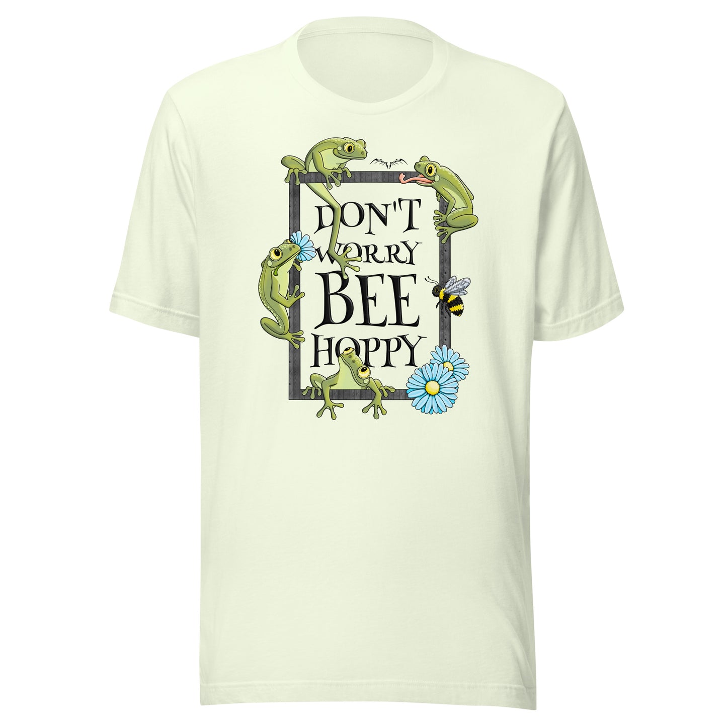 stormseye design don’t worry bee hoppy T shirt, flat view citron green