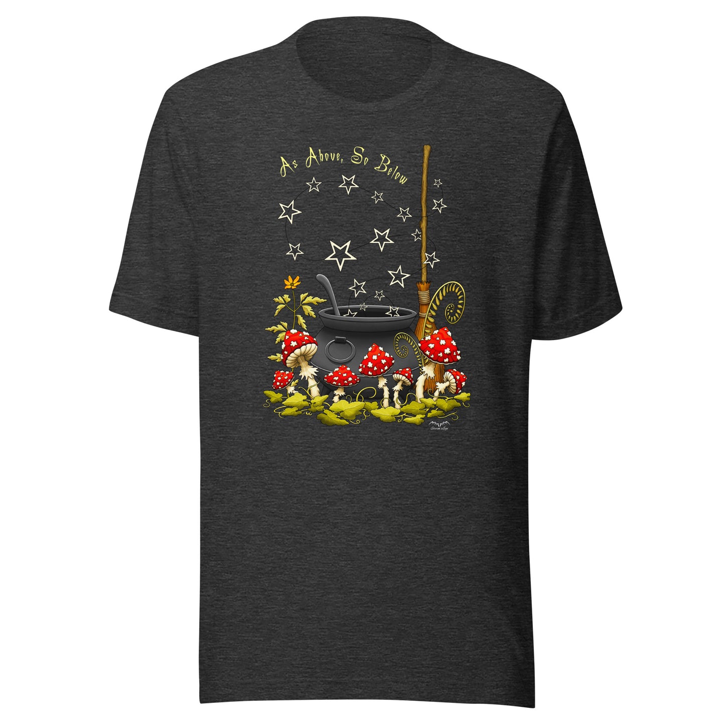 stormseye design witchy mushrooms T shirt, flat view dark grey