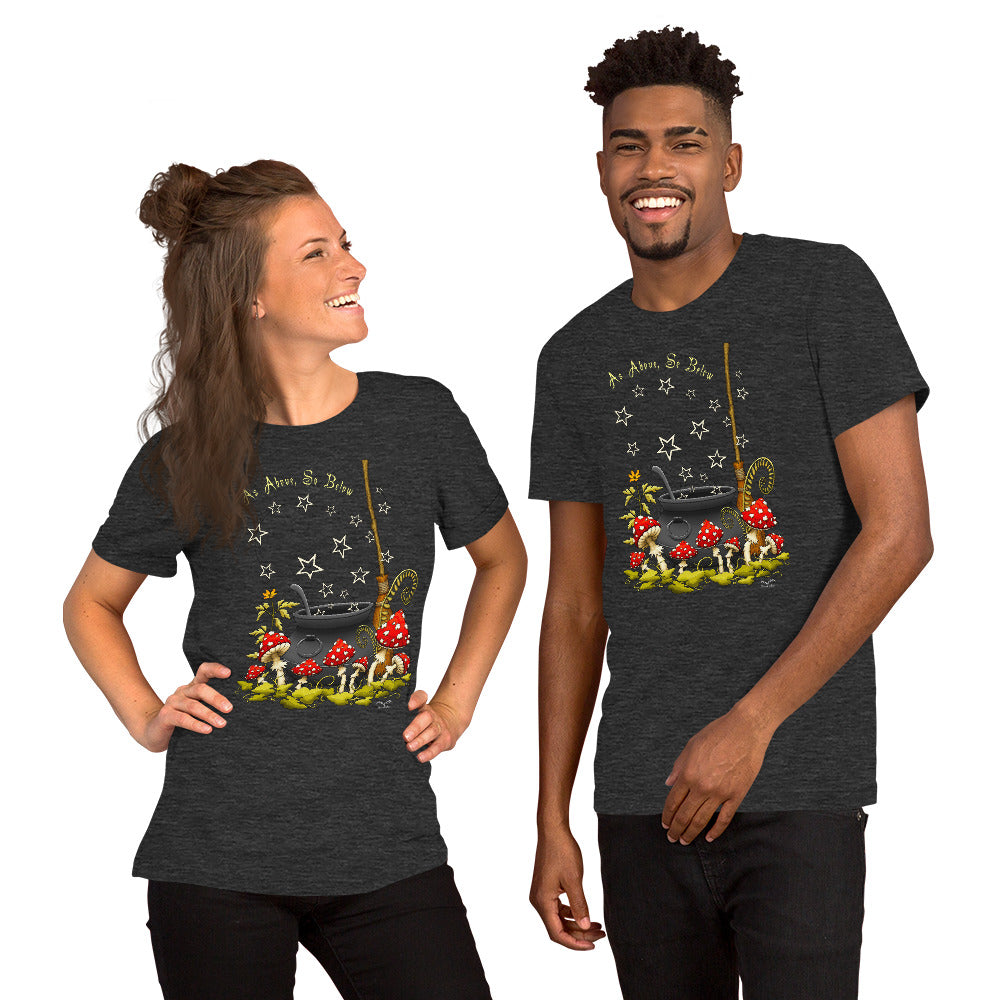stormseye design witchy mushrooms T shirt, modelled view dark grey