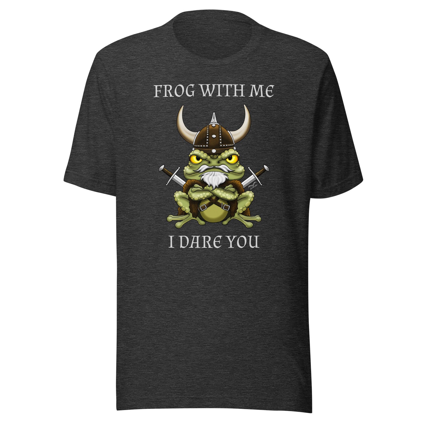 stormseye design frog with me viking T shirt, flat view dark grey heather