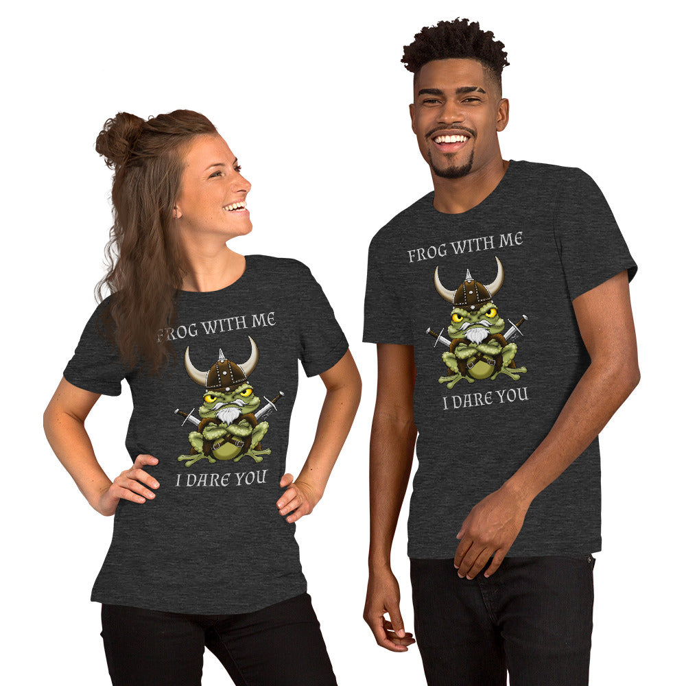 stormseye design frog with me viking T shirt, modelled view dark grey heather