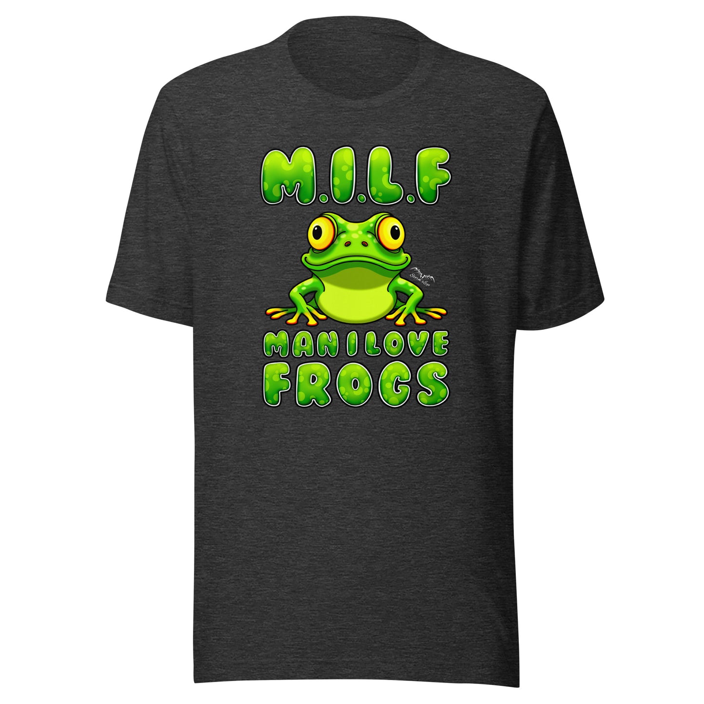 stormseye design milf man i love frogs T shirt, flat view dark grey heather