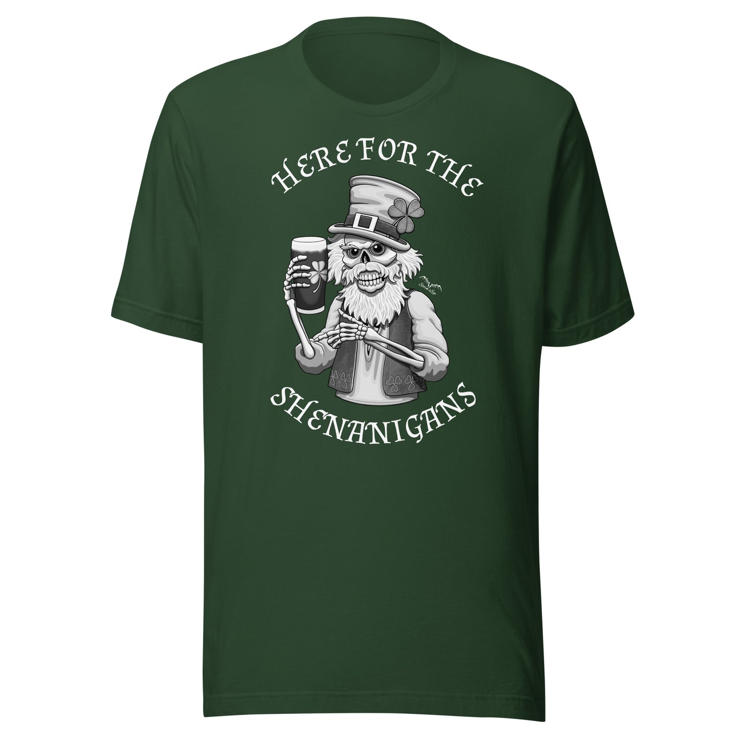 stormseye design shenanigans st patricks day T shirt, flat view dark green
