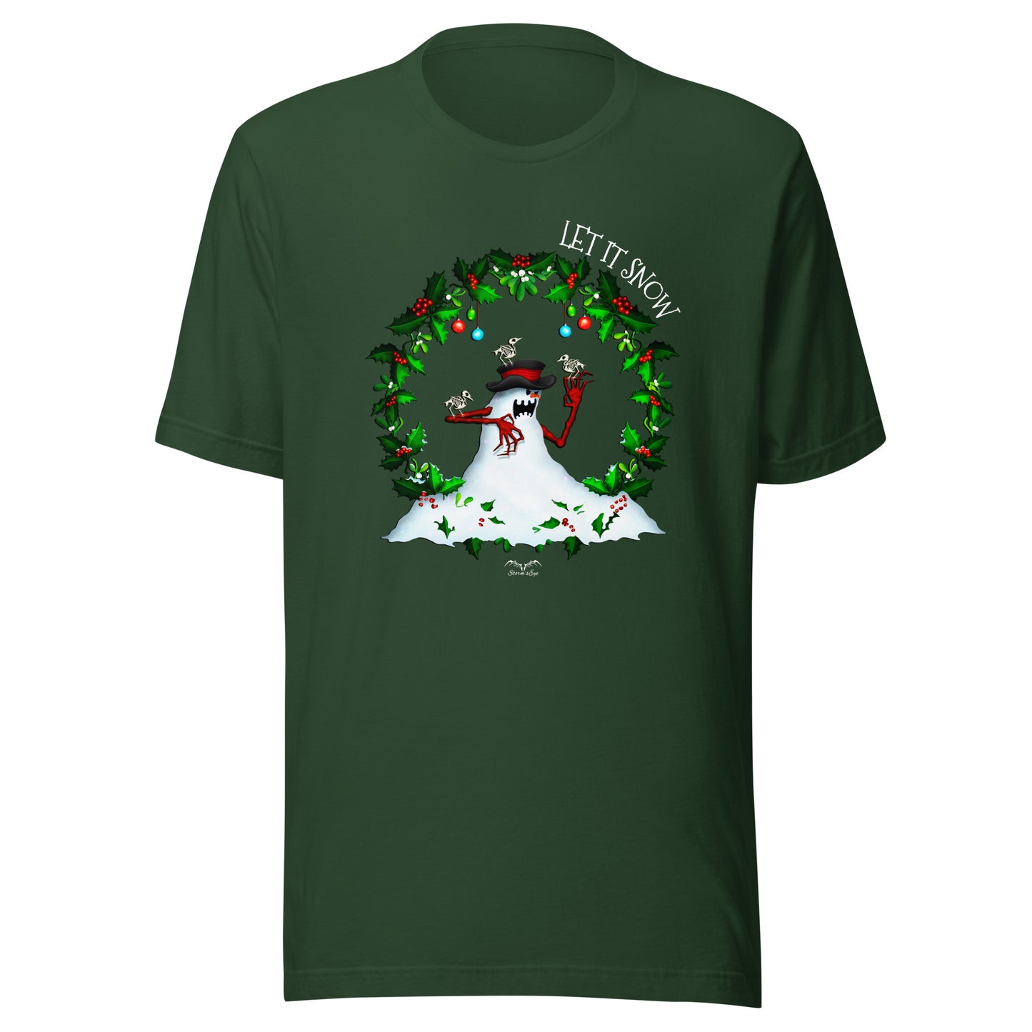 stormseye design evil snowman alternative christmas T shirt, flat view forest green