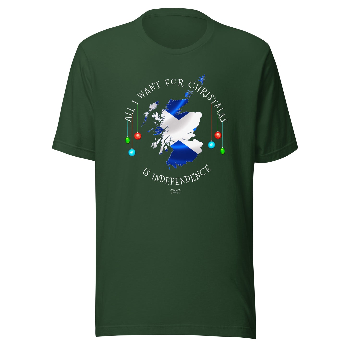 stormseye design christmas scottish independence T shirt, flat view forest green