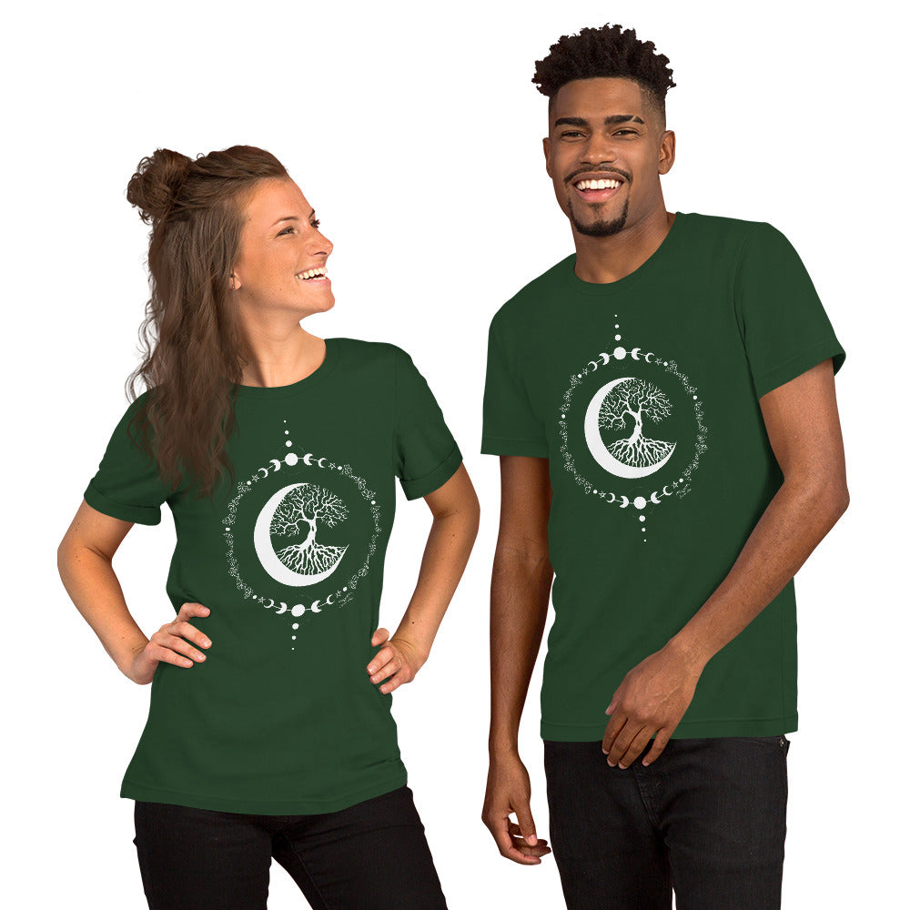 stormseye design witching hour tree of life T shirt, modelled view forest green