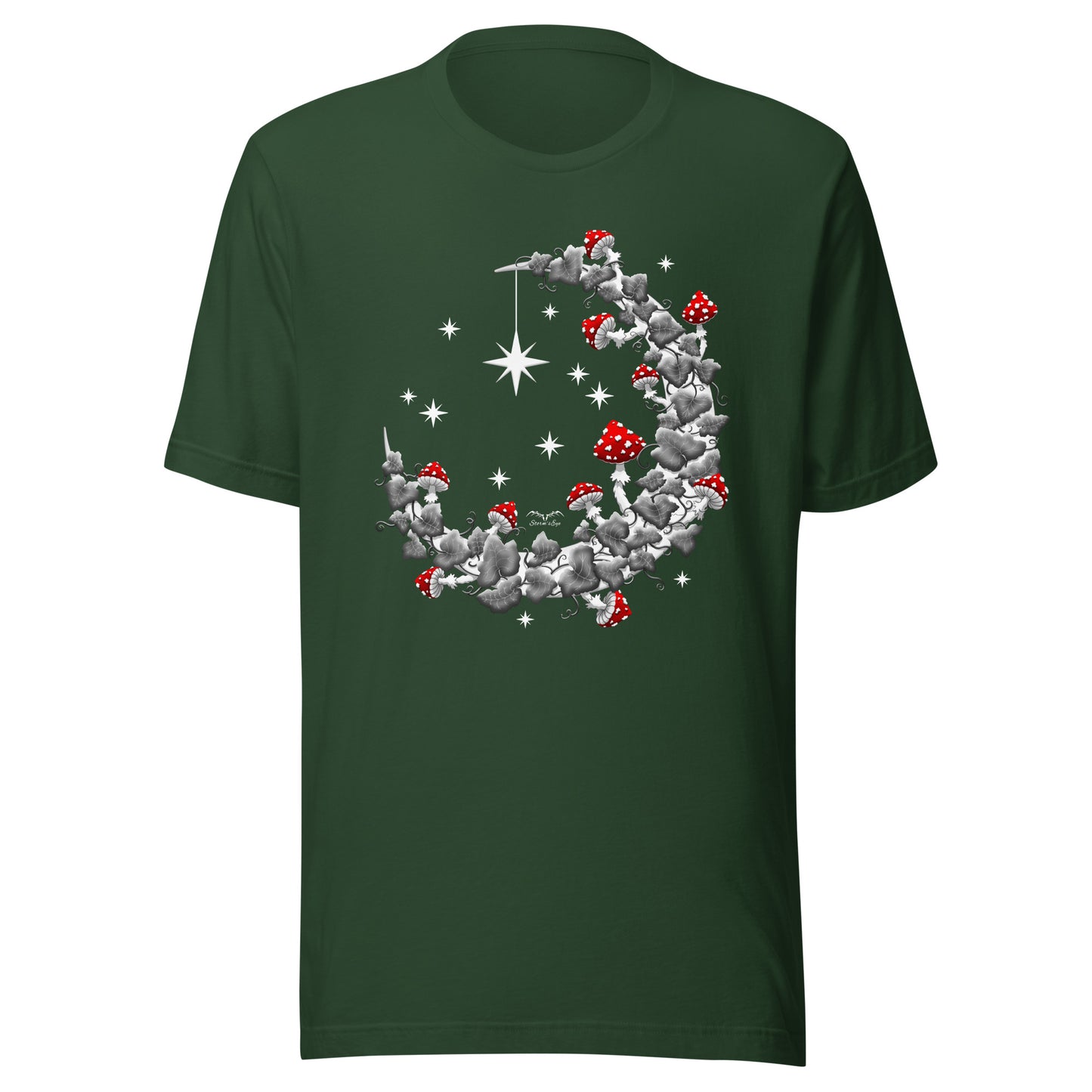 stormseye design mushroom moon BW T-shirt, flat view forest green