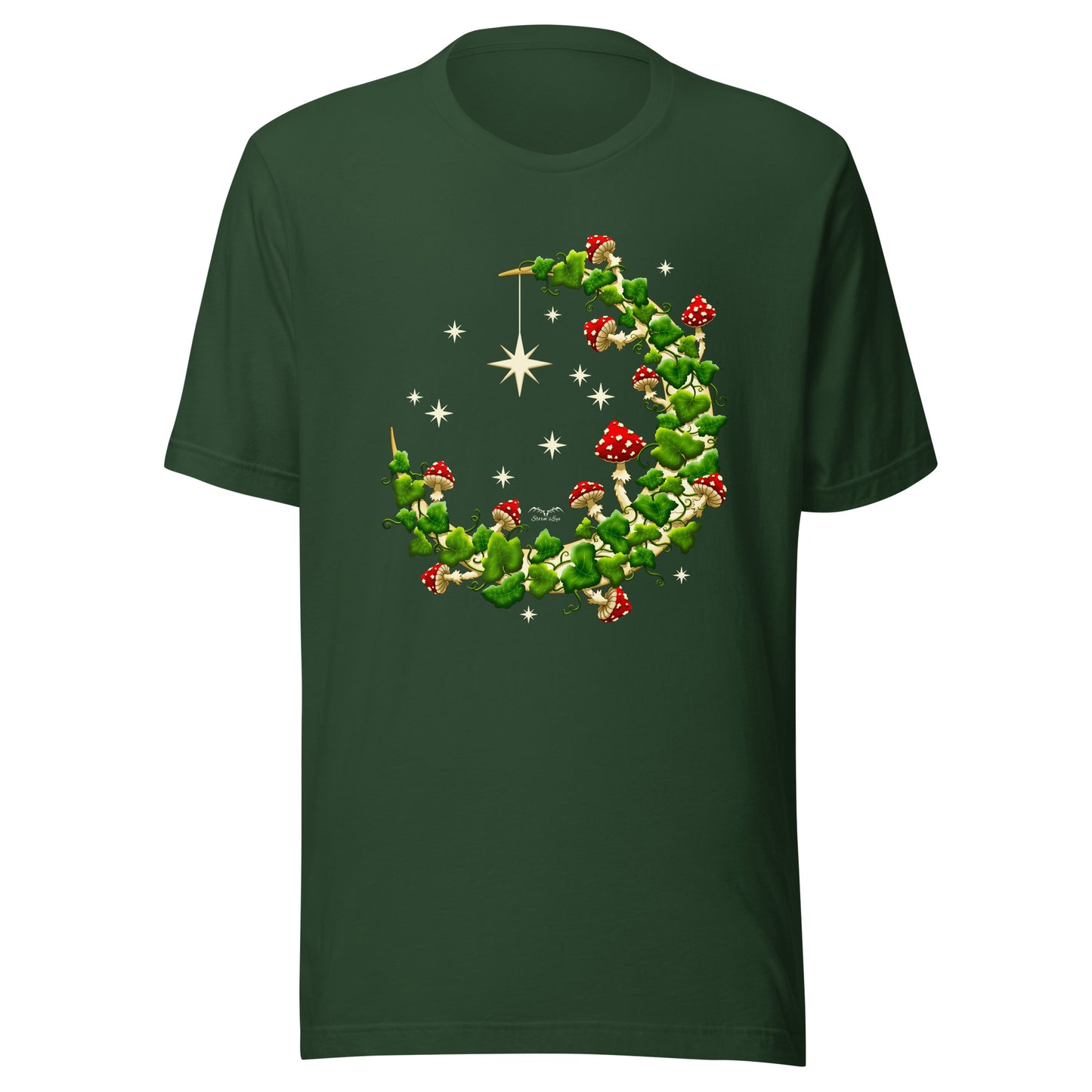 stormseye design mushroom moon witchy cottagecore T shirt, colour, flat view forest green