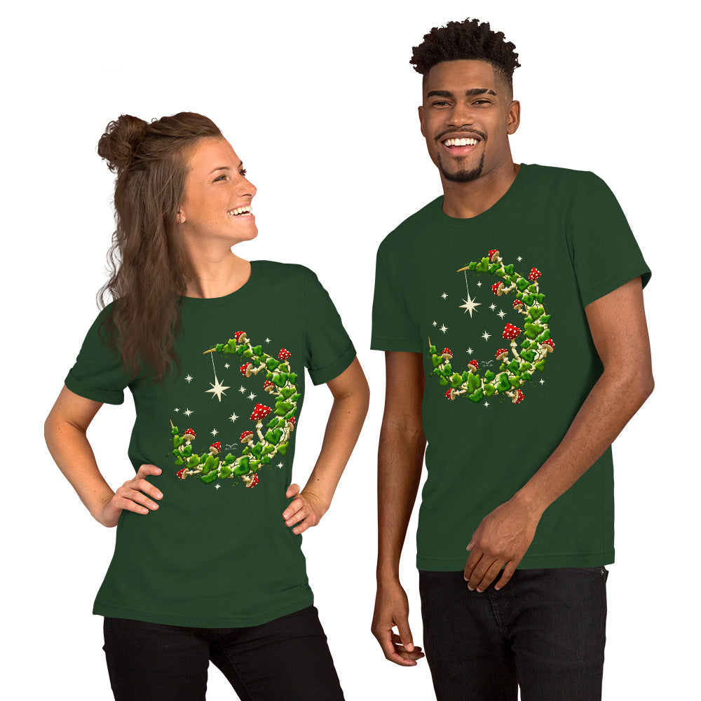 stormseye design mushroom moon witchy cottagecore T shirt, colour, modelled view forest green