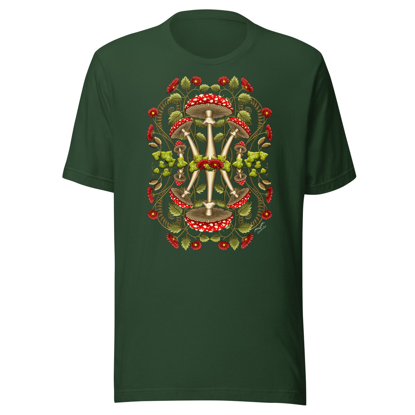 Cottagecore Heaven mushrooms shirt by Stormseye, dark green