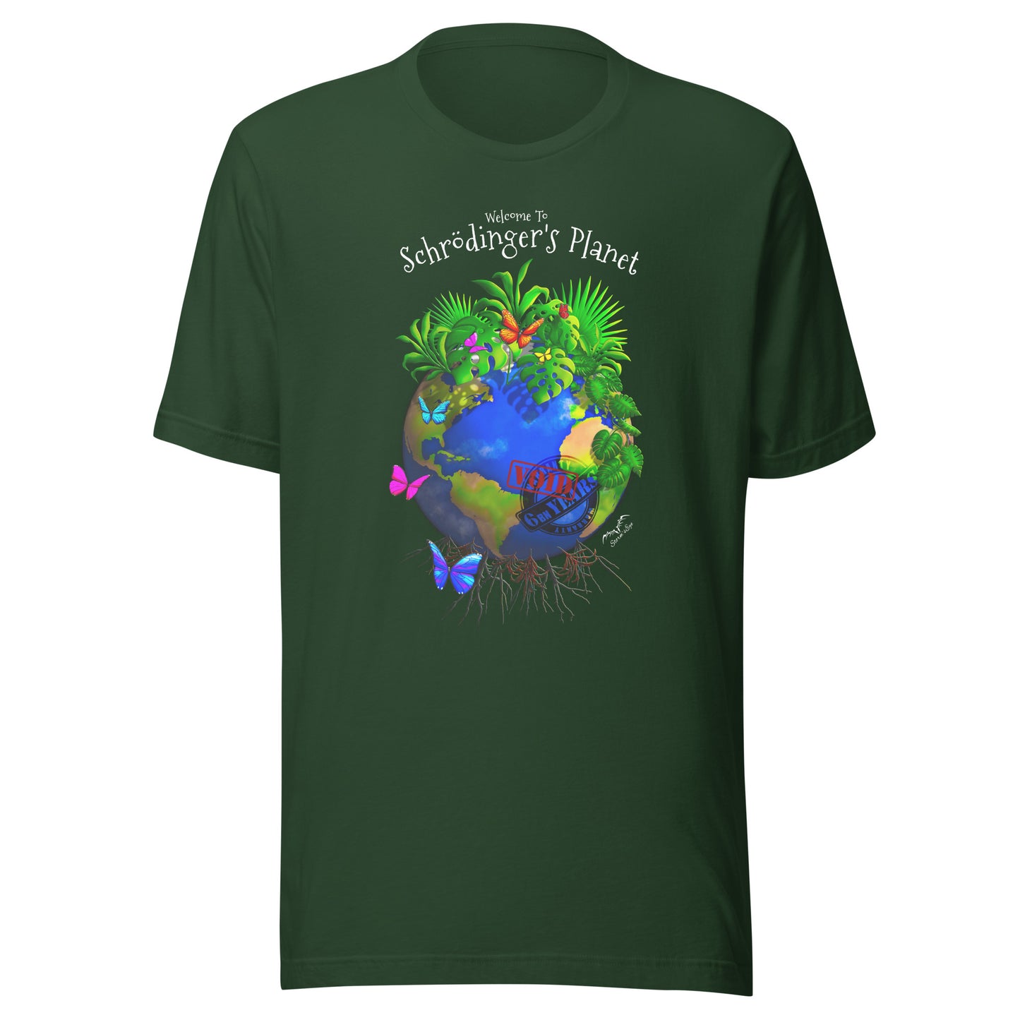 Schrodinger's Planet climate change shirt by Stormseye, dark green