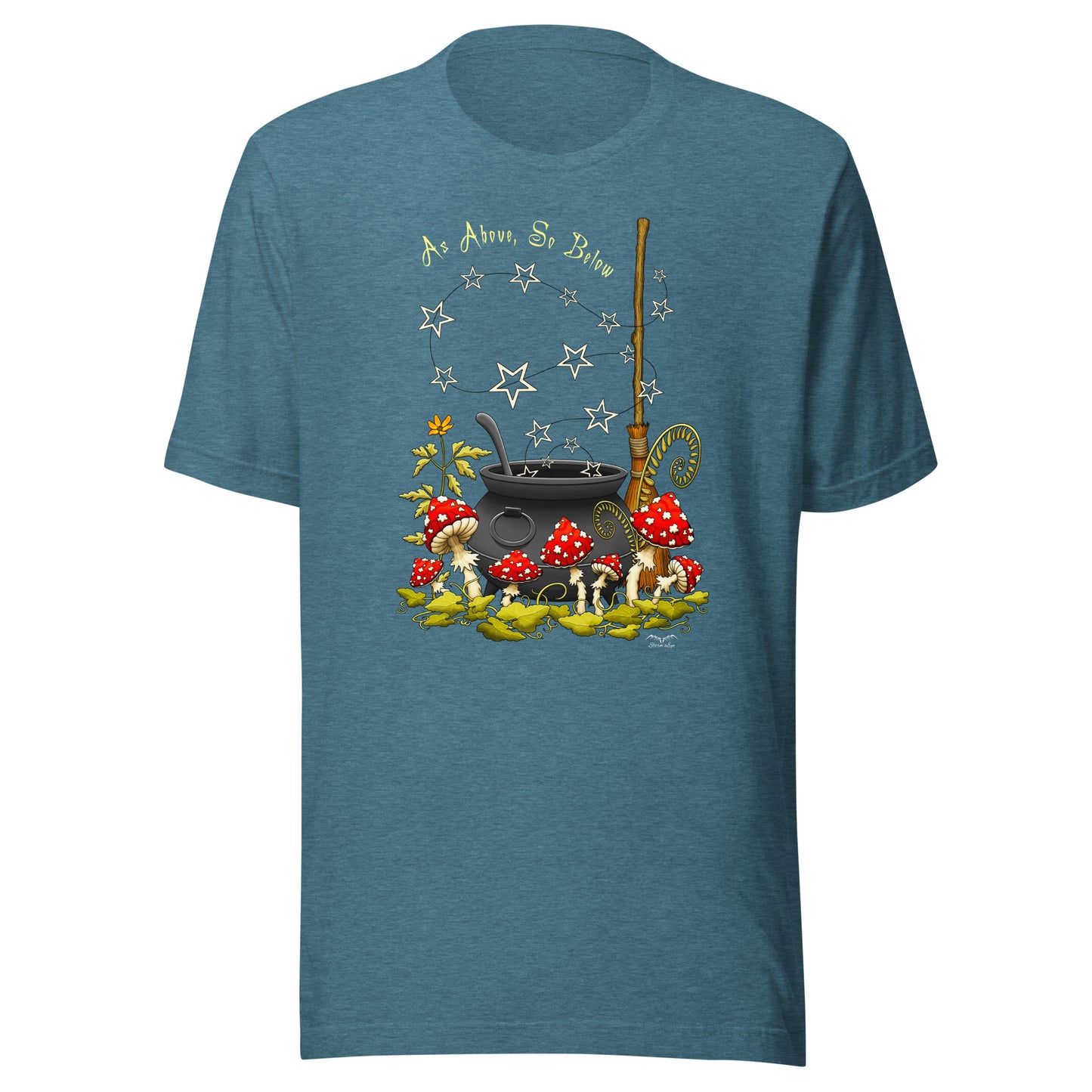 stormseye design witchy mushrooms T shirt, flat view hether teal