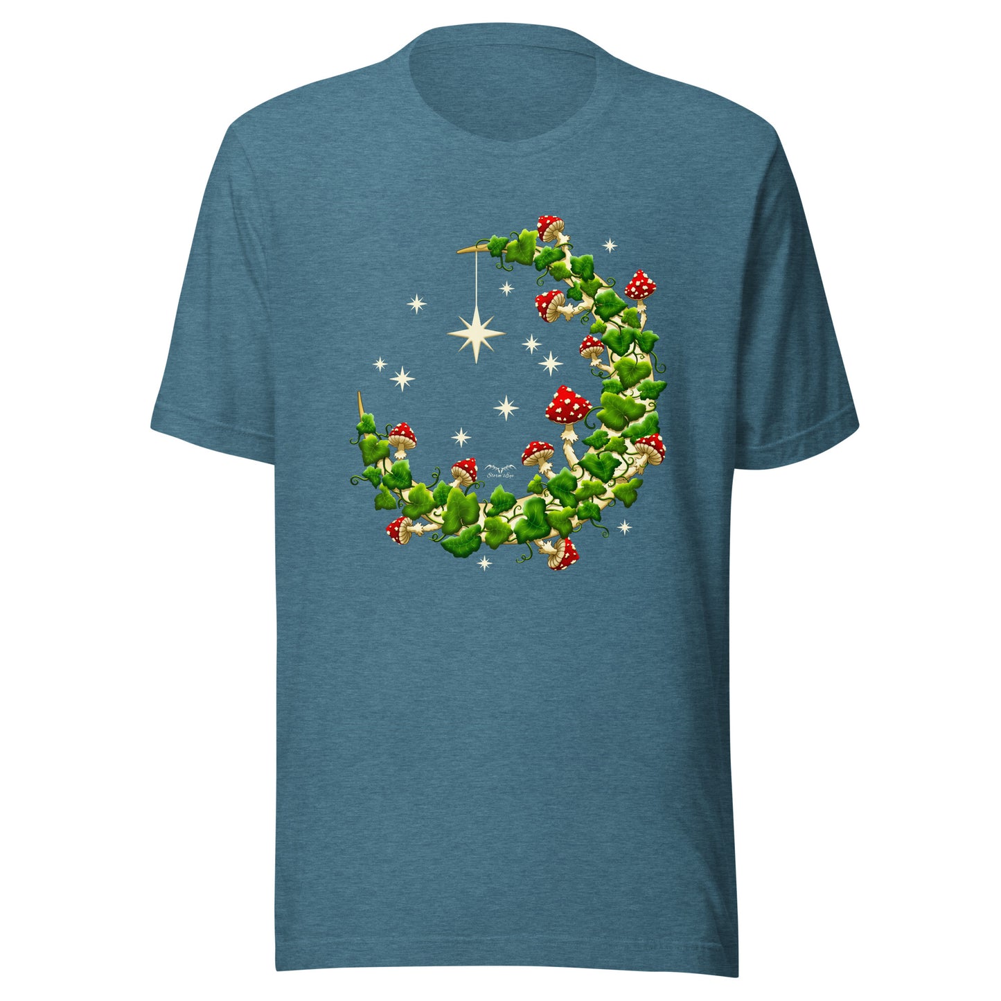 stormseye design mushroom moon witchy cottagecore T shirt, colour, flat view heather teal