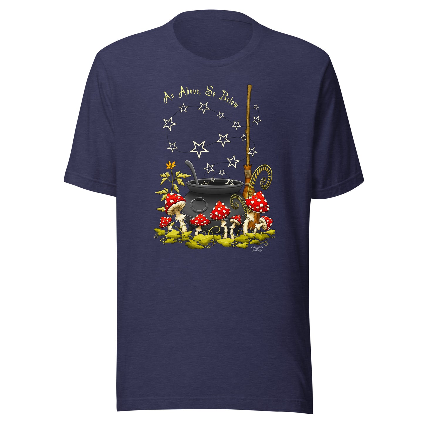 stormseye design witchy mushrooms T shirt, flat view navy blue