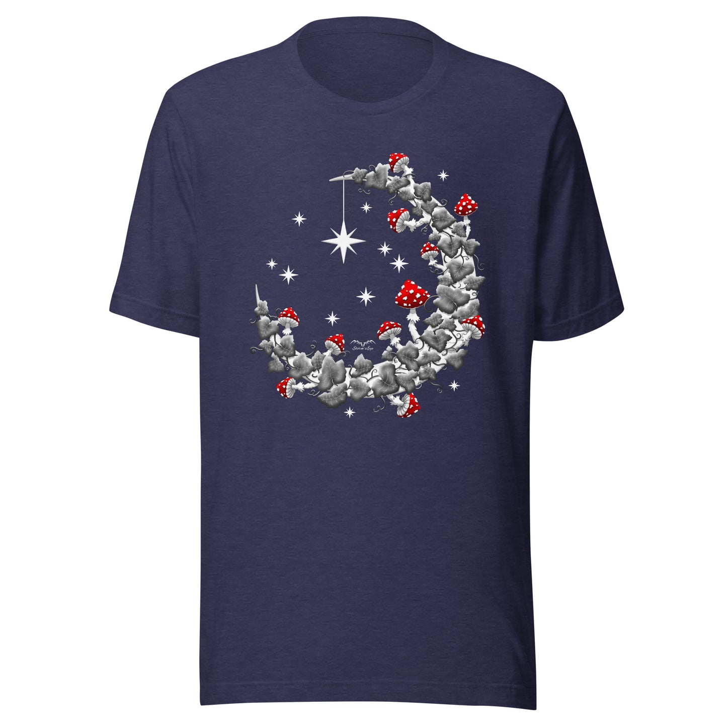 stormseye design mushroom moon BW T-shirt, flat view navy blue