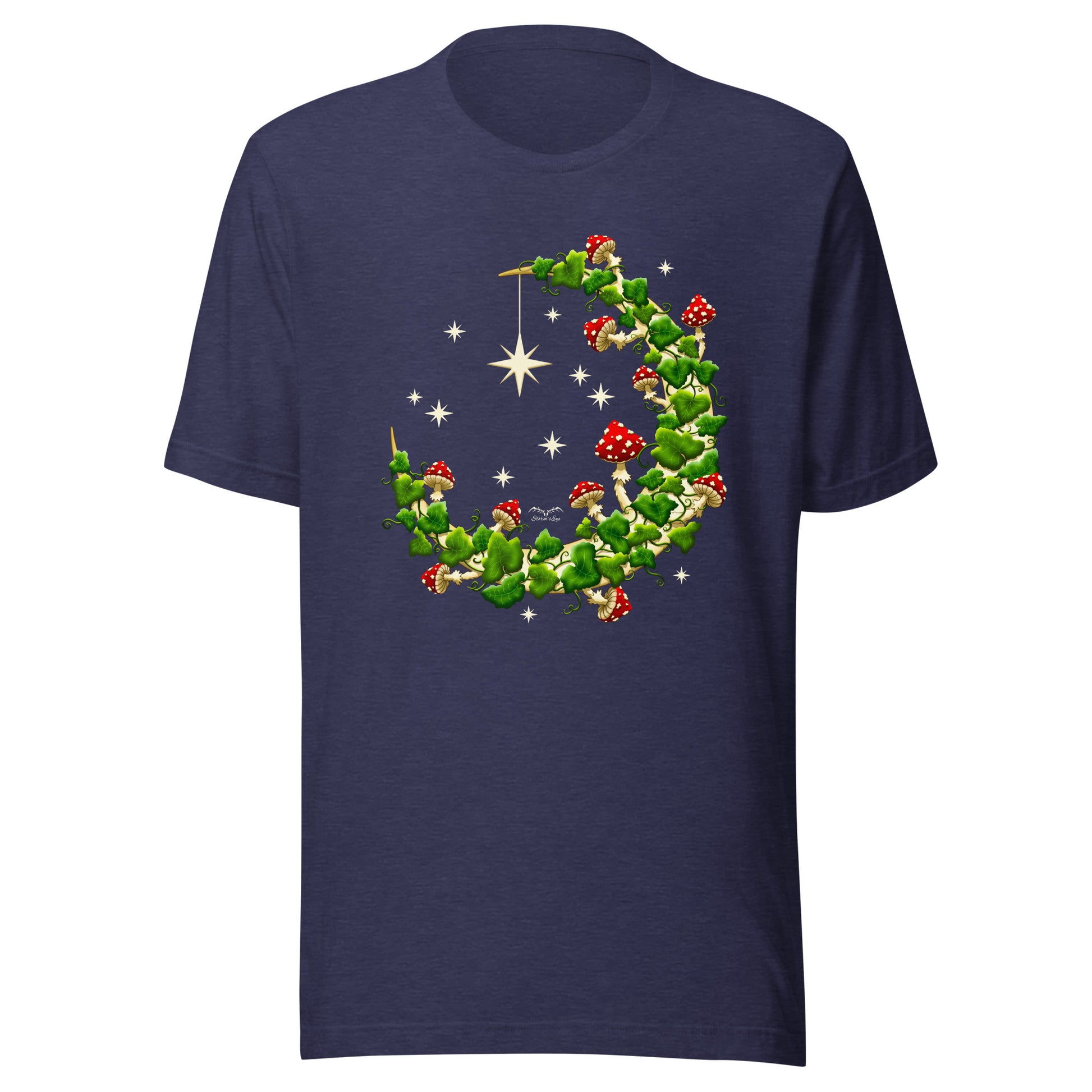 stormseye design mushroom moon witchy cottagecore T shirt, colour, flat view navy blue