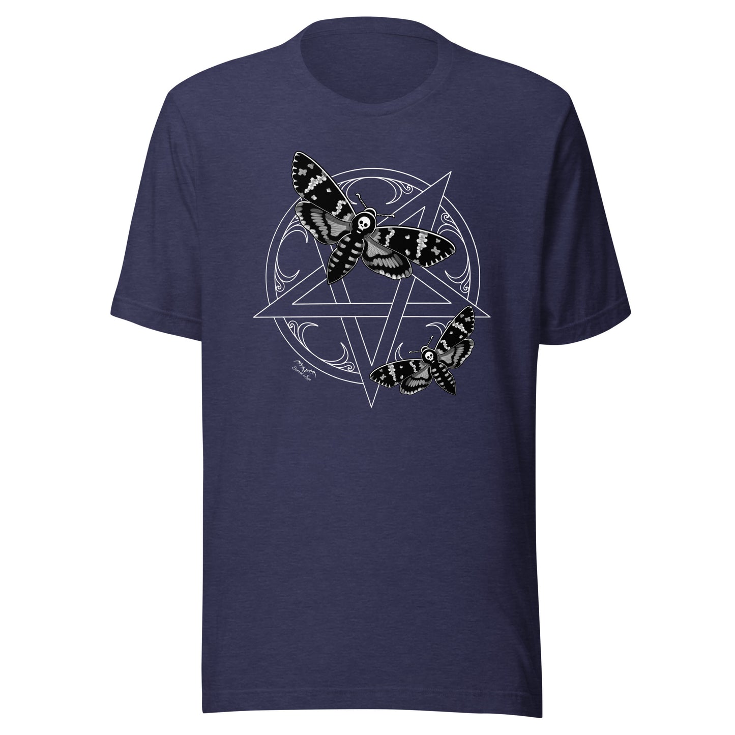 stormseye design deaths head moths pentagram T shirt flat view navy blue