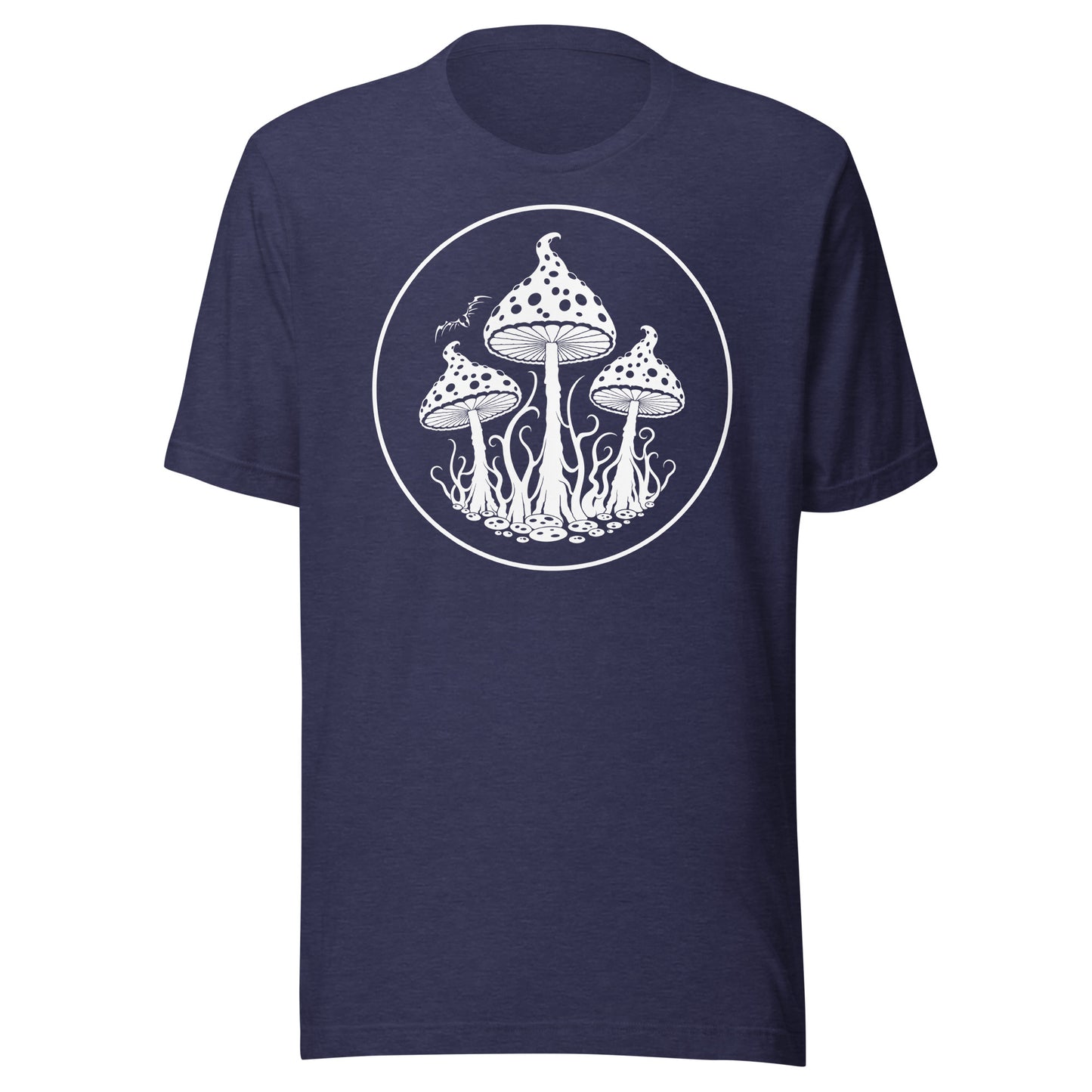 stormseye design trippy mushrooms T shirt, flat view heather navy