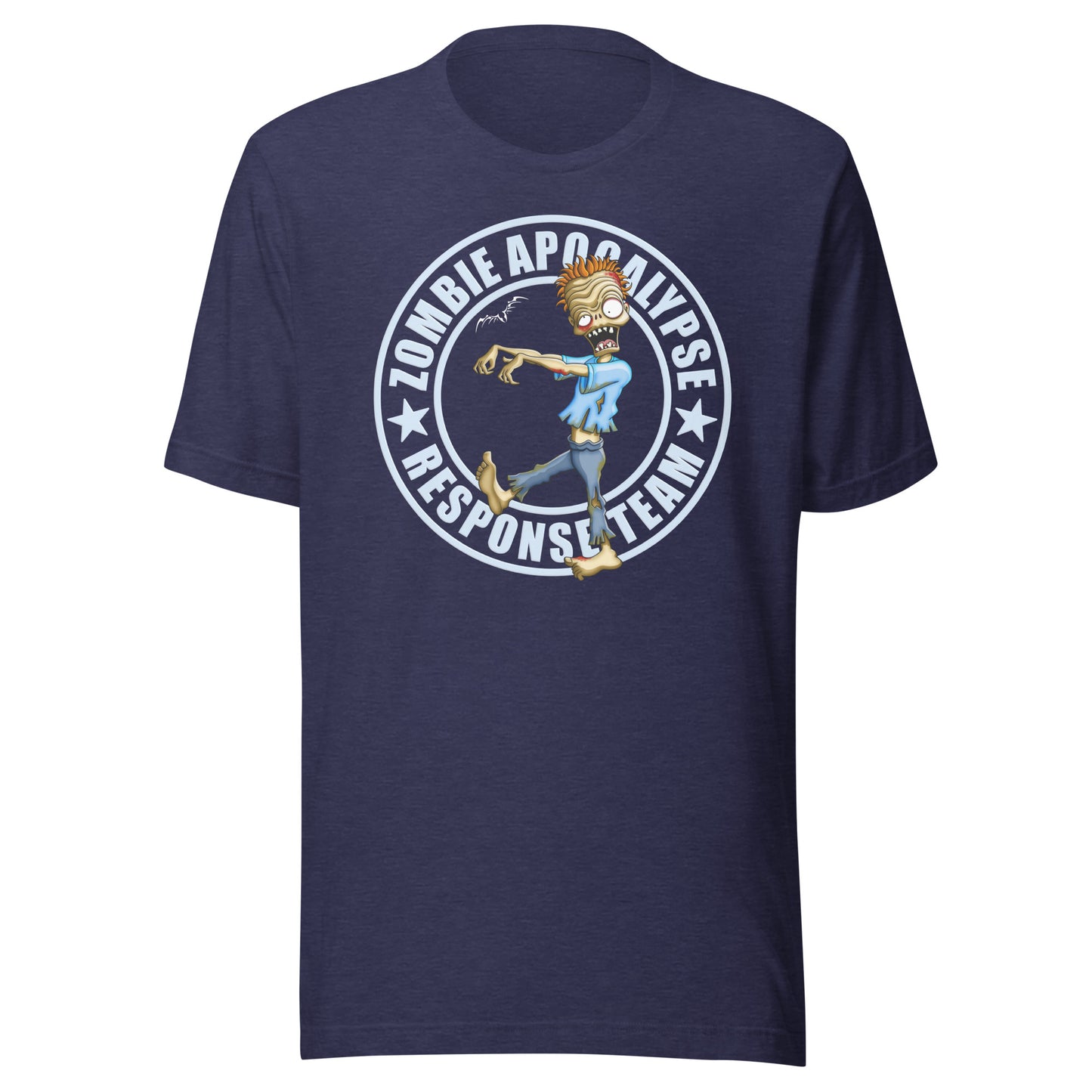 stormseye design zombie apocalypse colour T shirt, flat view heather navy