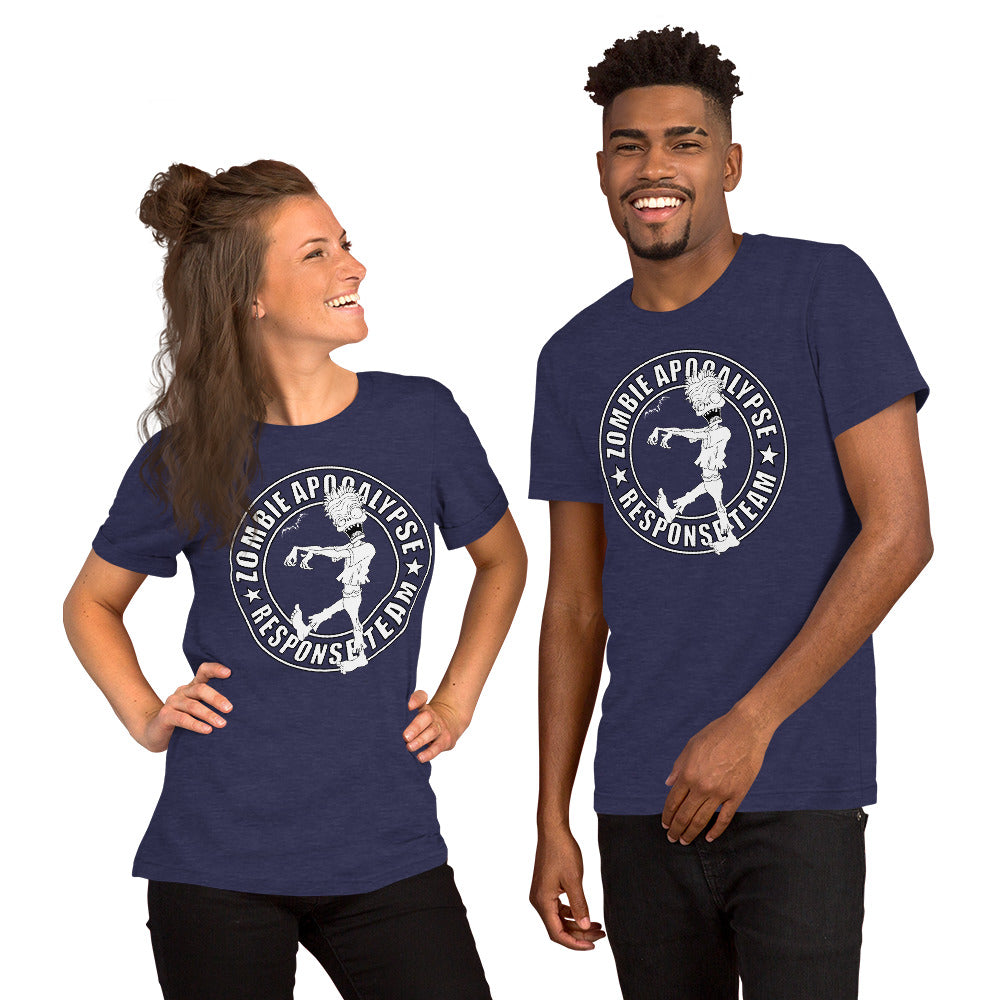 stormseye design zombie apocalypse T shirt, modelled view heather navy blue