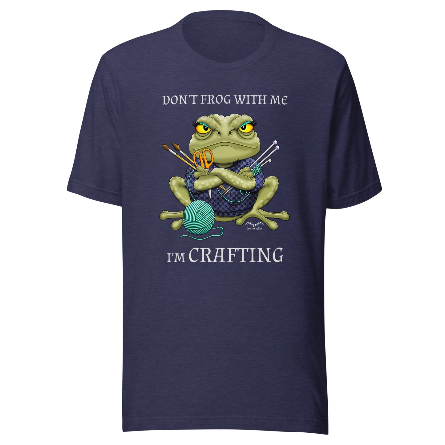 stormseye design crafting frog T shirt, flat view heather navy