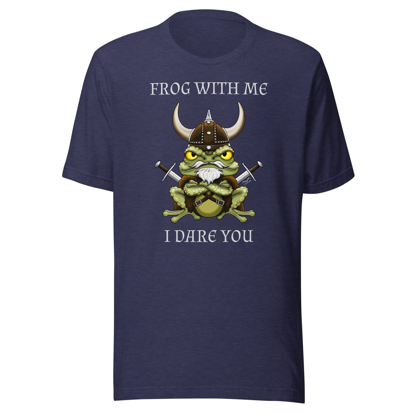 stormseye design frog with me viking T shirt, flat view heather navy