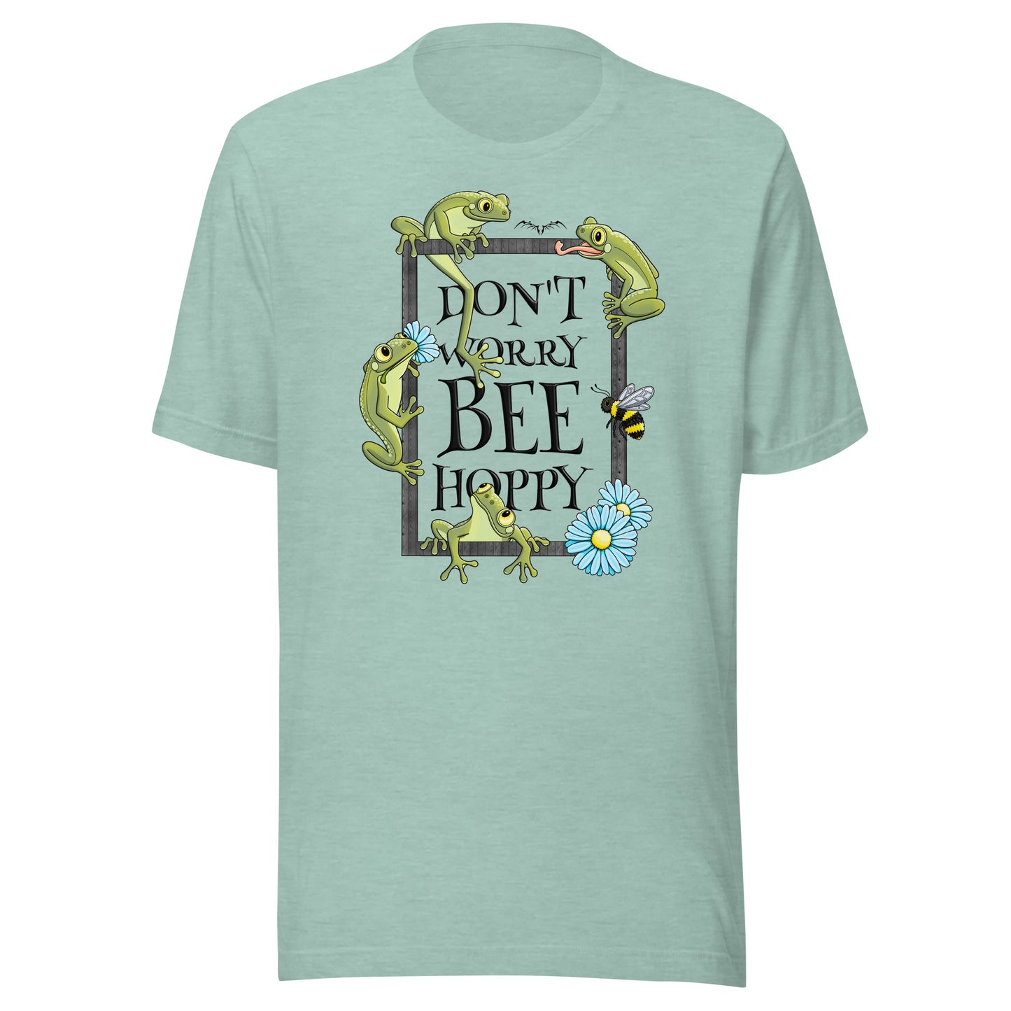 stormseye design don’t worry bee hoppy T shirt, flat view pastel green