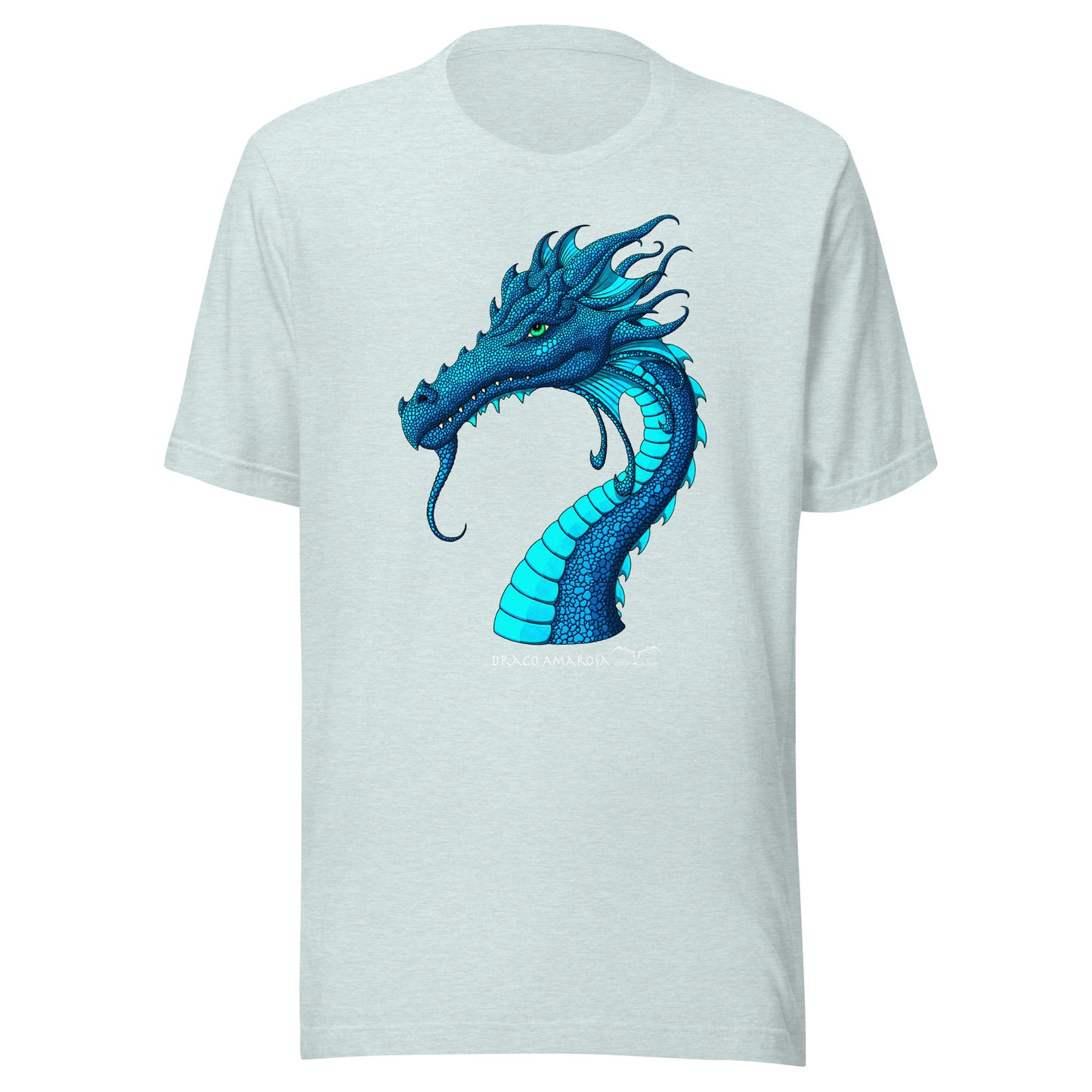 stormseye design amarosa dragon T shirt, flat view heather ice blue