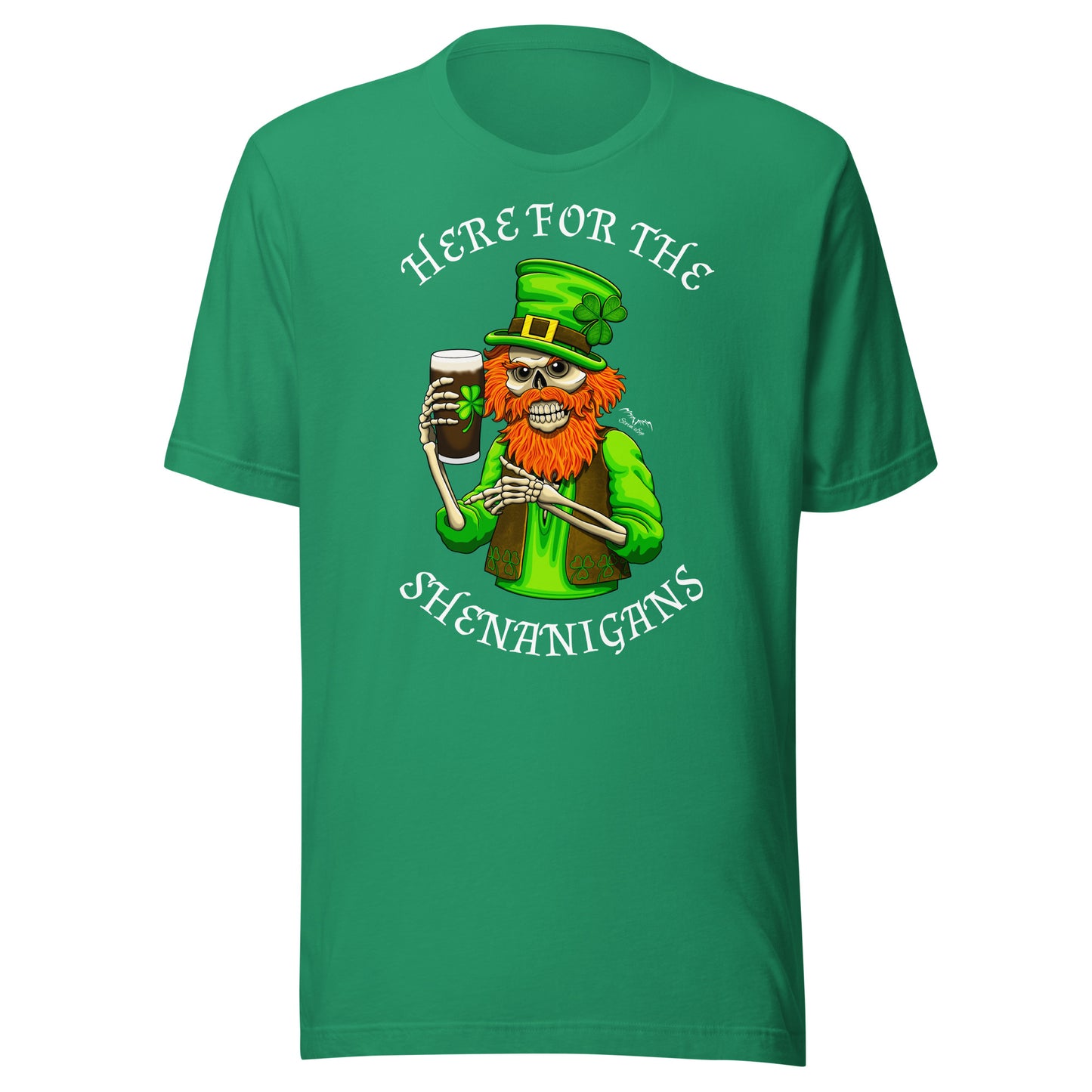 stormseye design st patricks day shenanigans T shirt, flat view kelly green