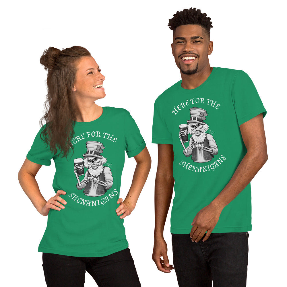 stormseye design shenanigans st patricks day T shirt, modelled view kelly green