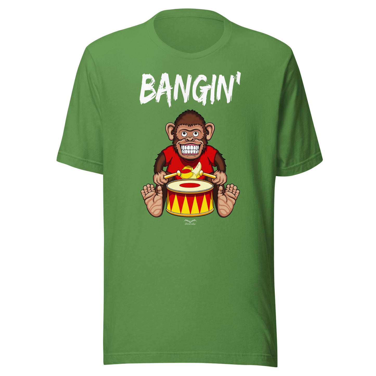 Bangin drummer monkey t-shirt, bright green, by Stormseye Design