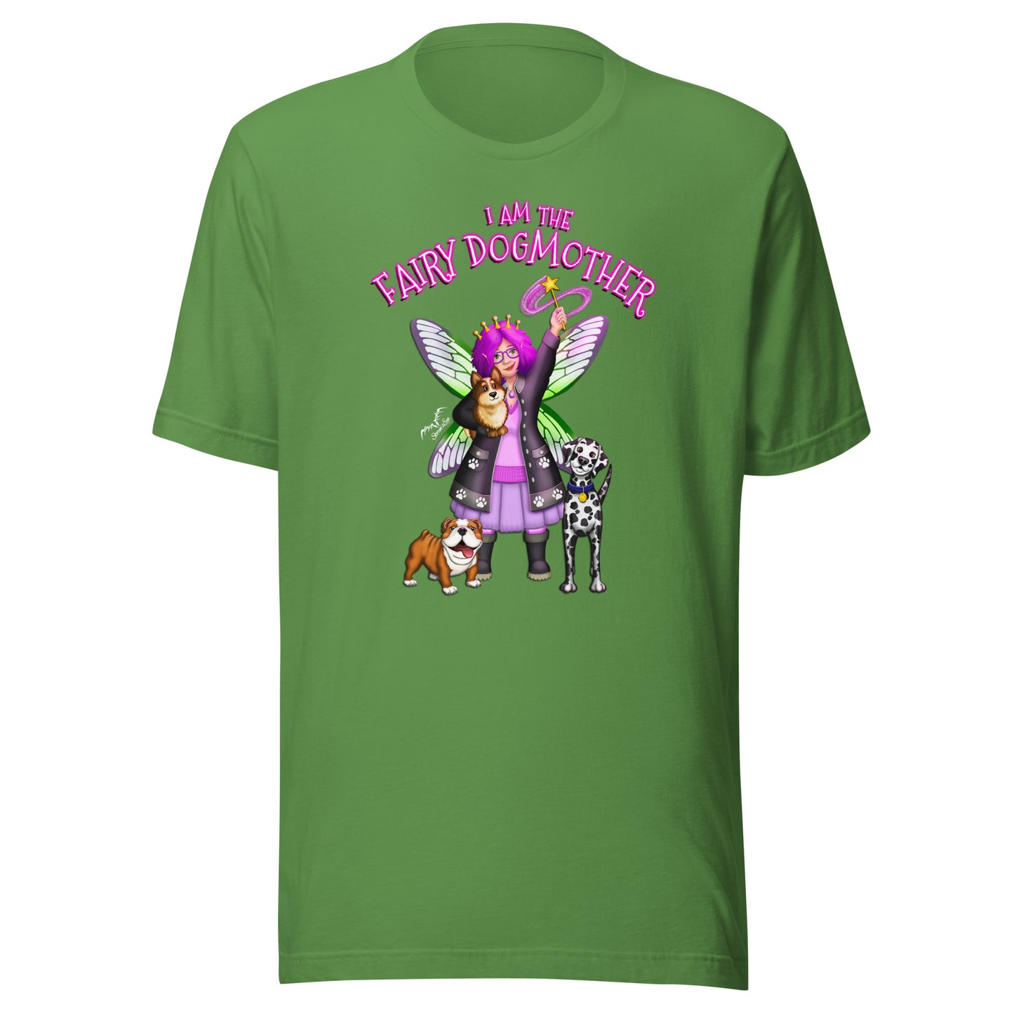 stormseye design fairy dog mother T shirt, flat view bright green