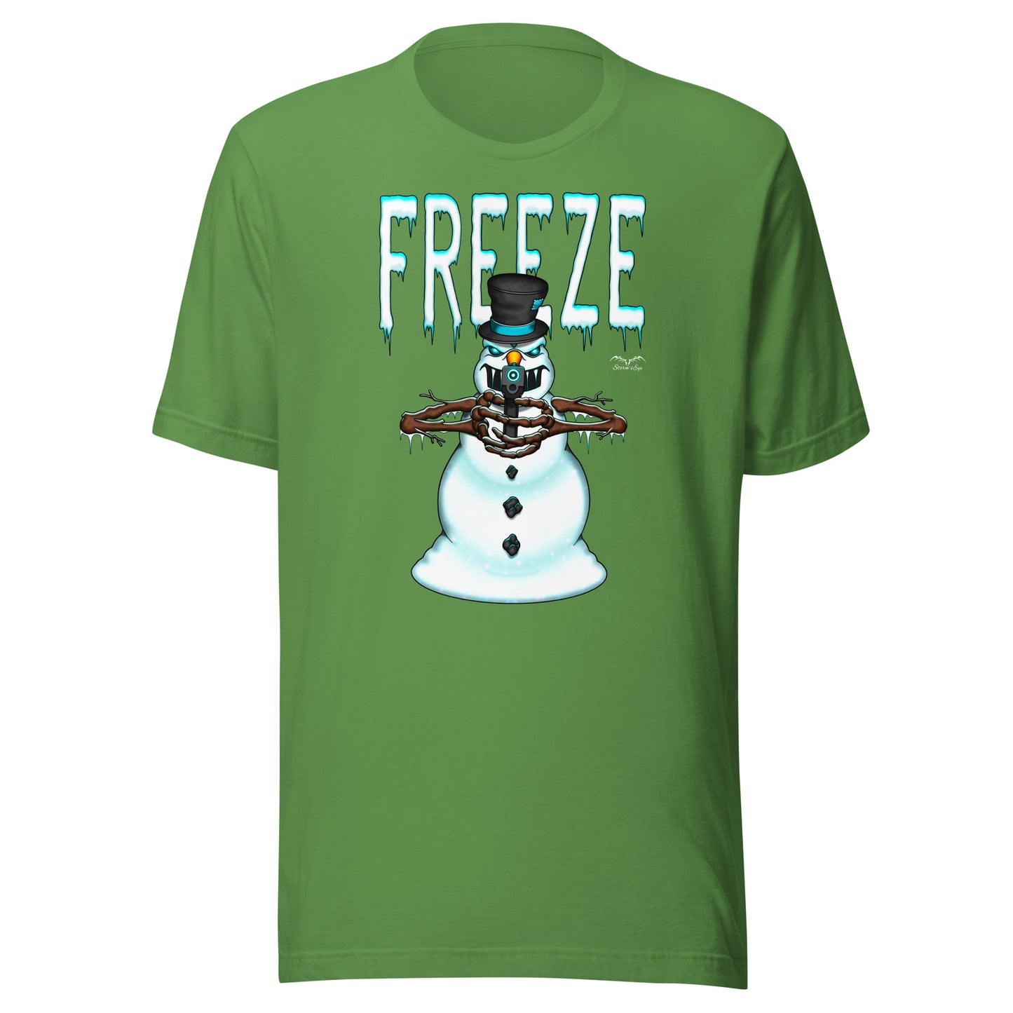 stormseye design mr freeze alternative christmas T shirt, flat view leaf green
