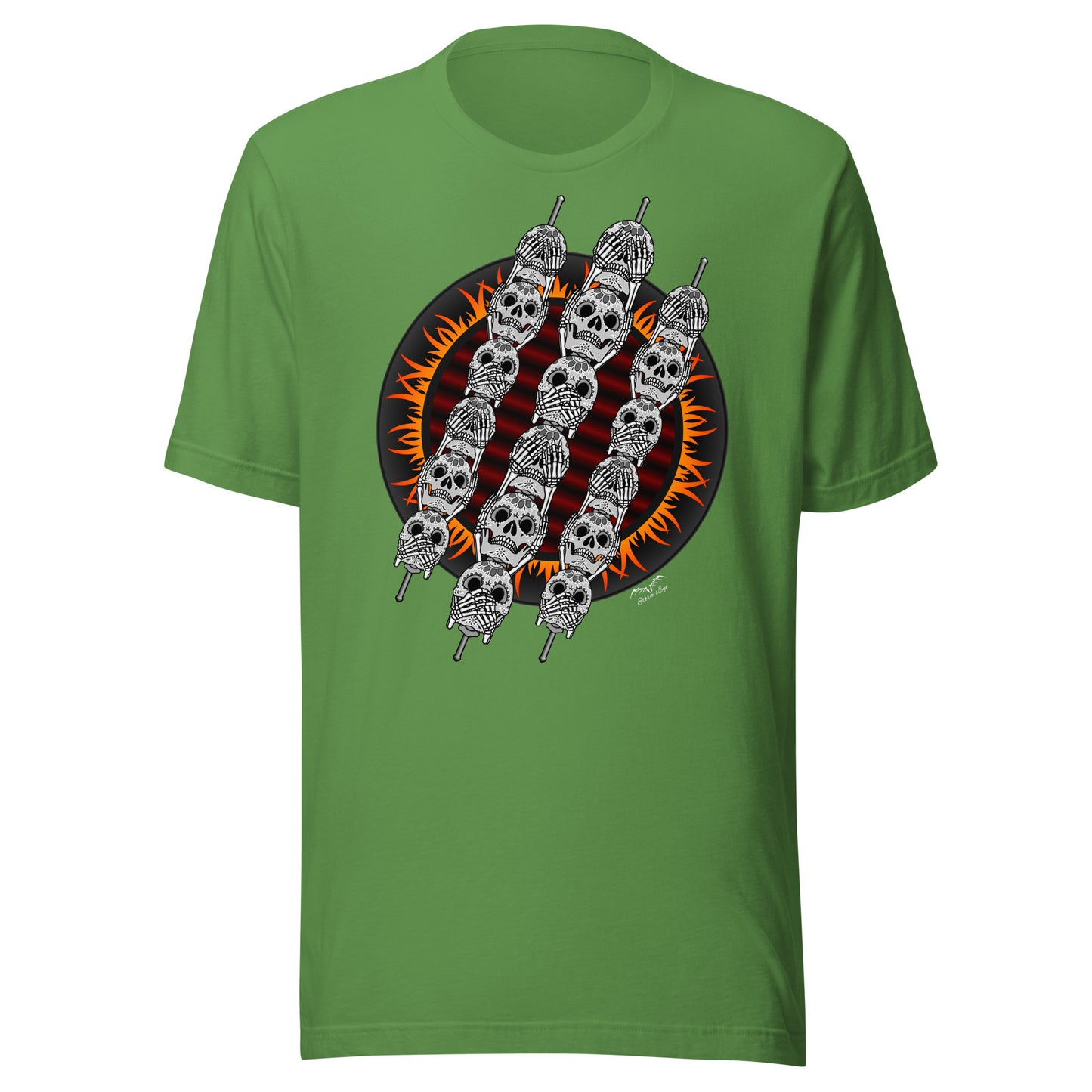 stormseye design skewer skulls gothic BBQ T shirt, modelled view leaf green