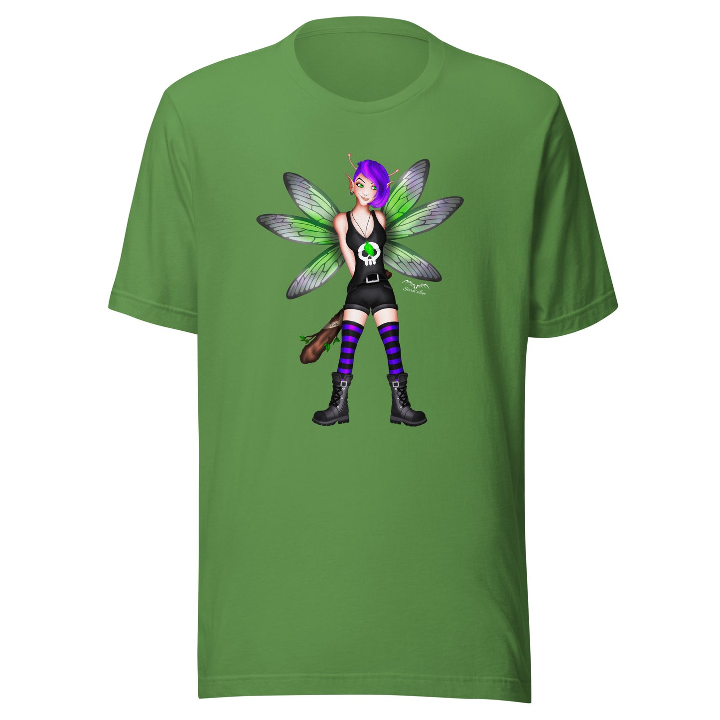 stormseye design rocker fairy fink T shirt, flat view leaf green