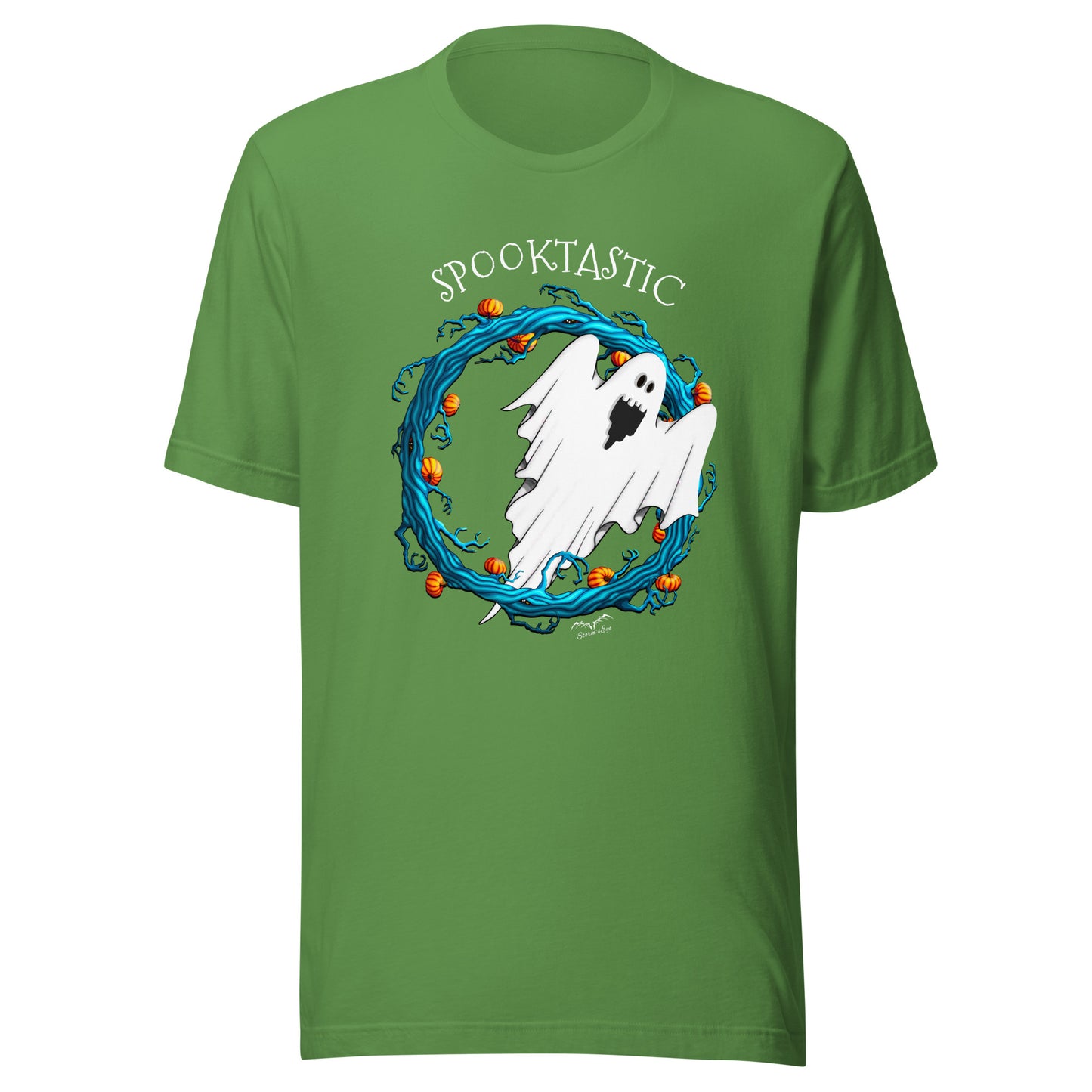 stormseye design halloween ghost spooktastic T shirt flat view leaf green