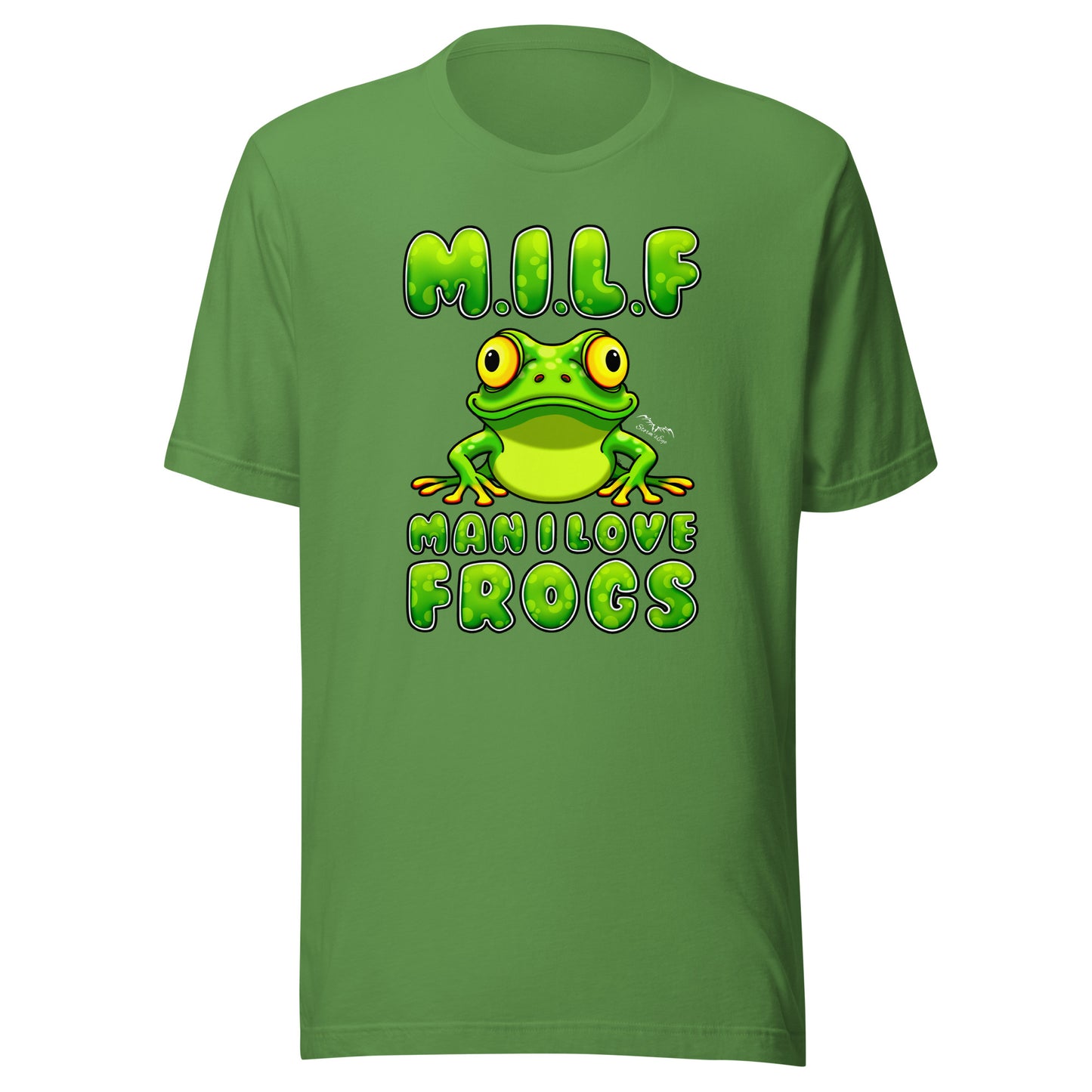 stormseye design milf man i love frogs T shirt, flat view leaf green
