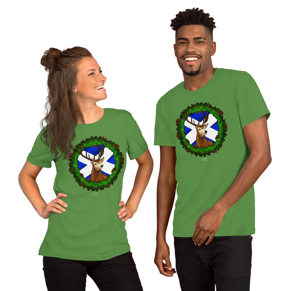Stag & Saltire Scottish T-shirt by Stormseye, bright green, modelled view