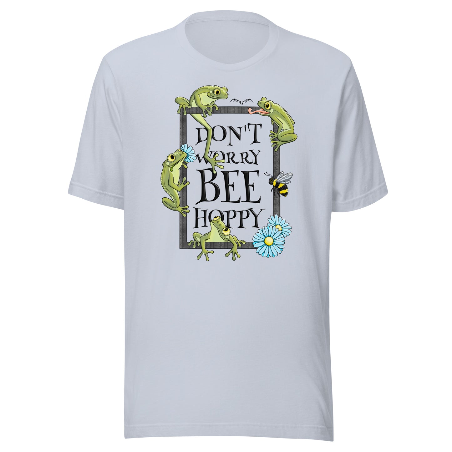 stormseye design don’t worry bee hoppy T shirt, flat view light blue