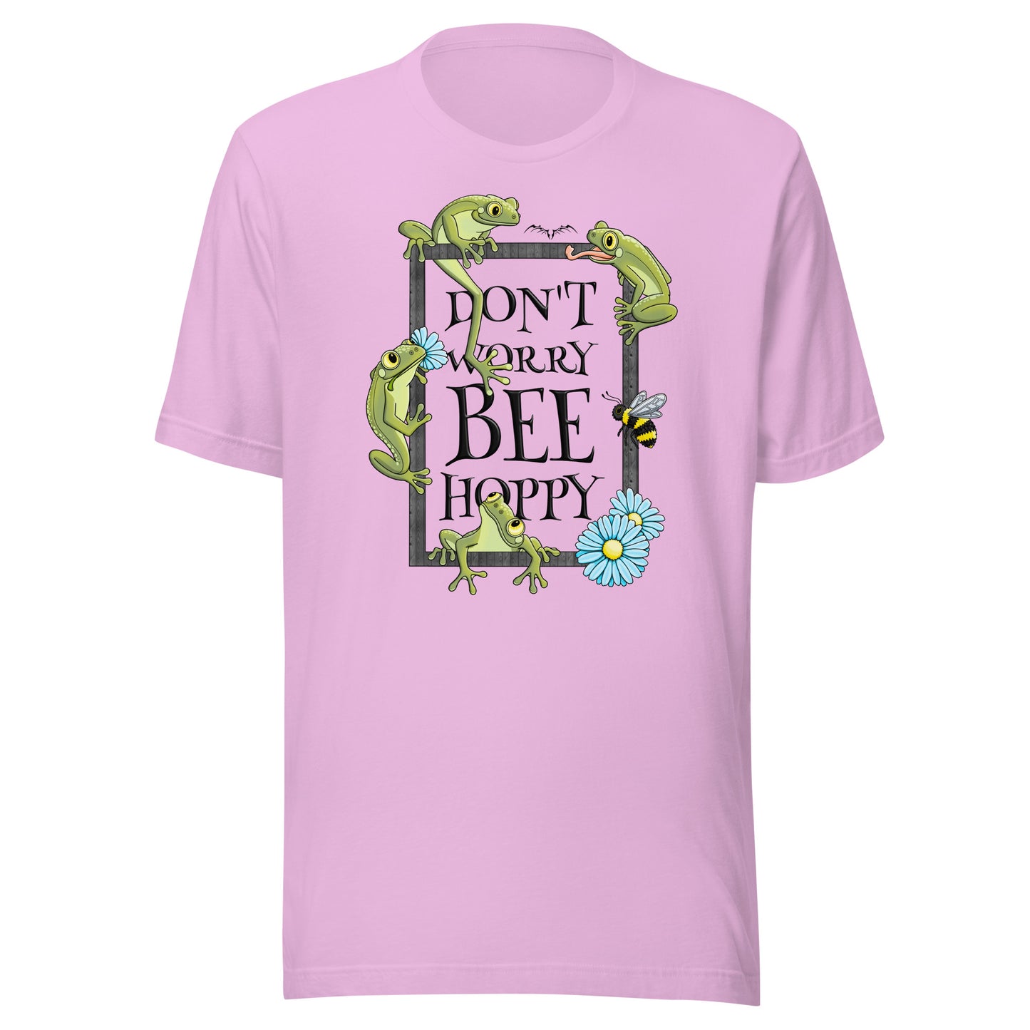 stormseye design don’t worry bee hoppy T shirt, flat view lilac pink