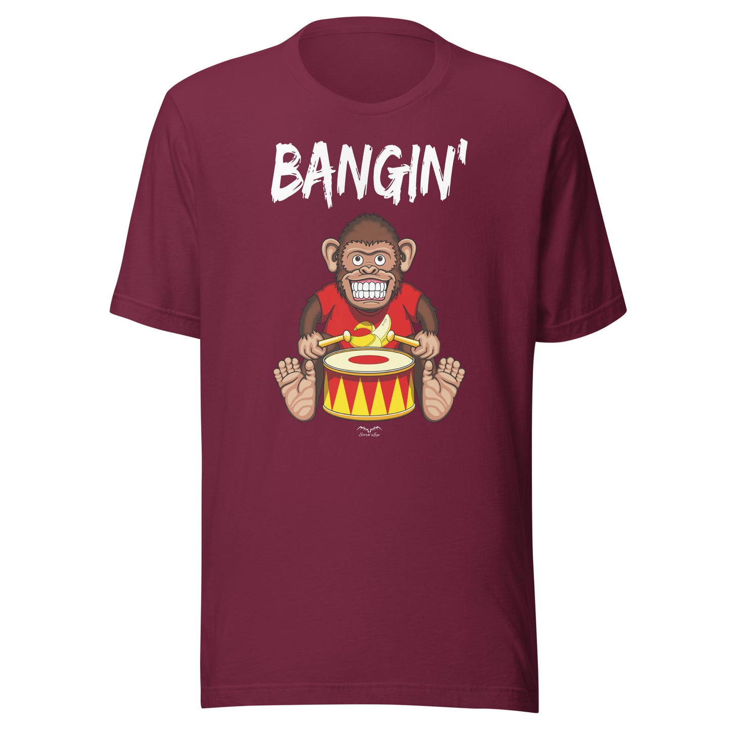 Bangin drummer monkey t-shirt, wine red, by Stormseye Design