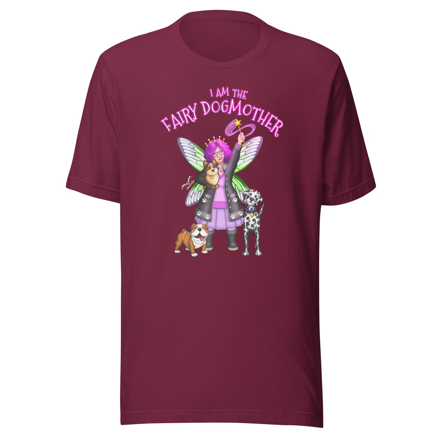 stormseye design fairy dog mother T shirt, flat view wine red