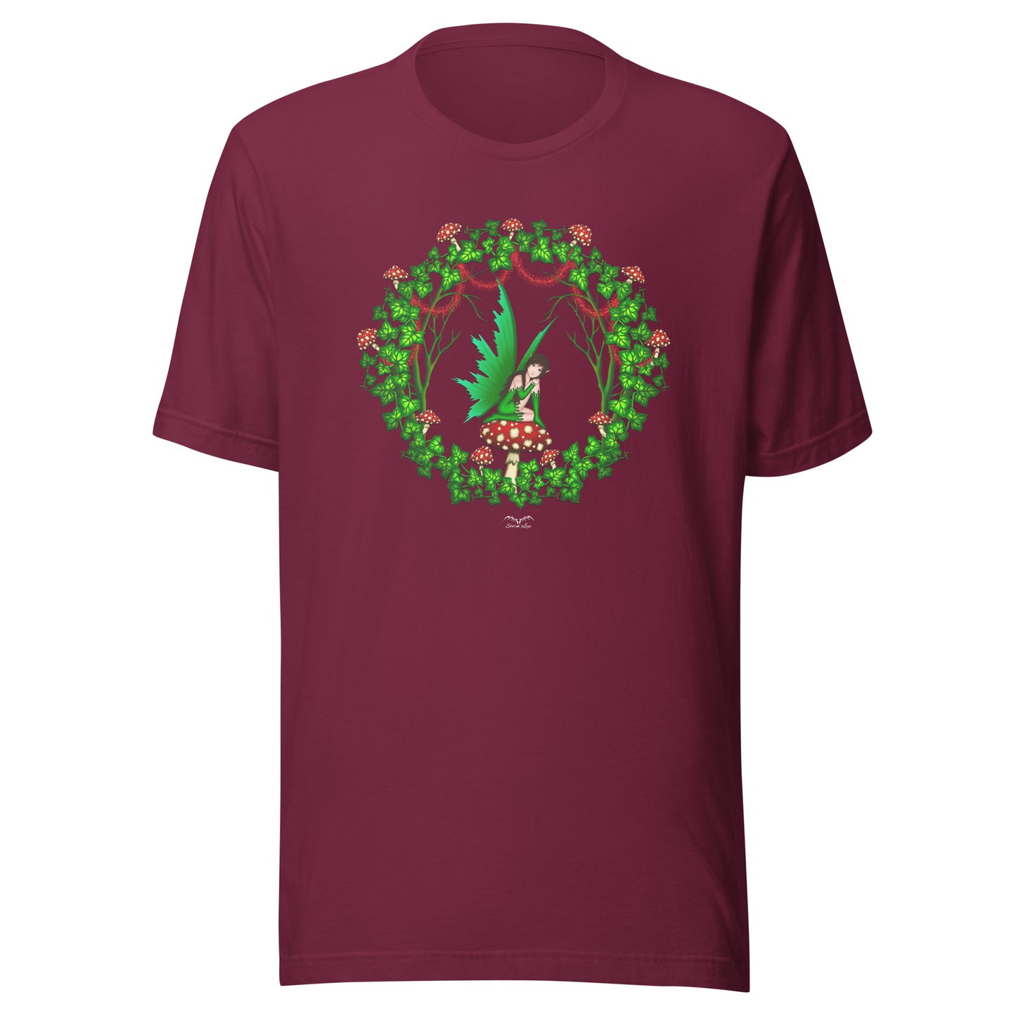 mushroom fairy cottage core t-shirt wine red, by stormseye design