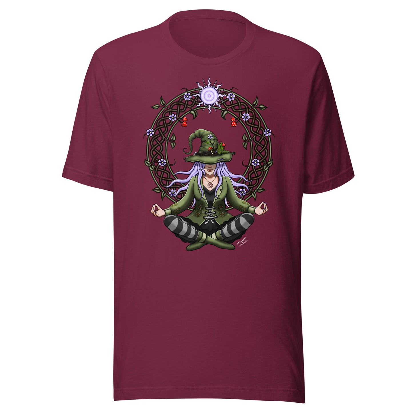 stormseye design hedge witch T shirt, flat view maroon red