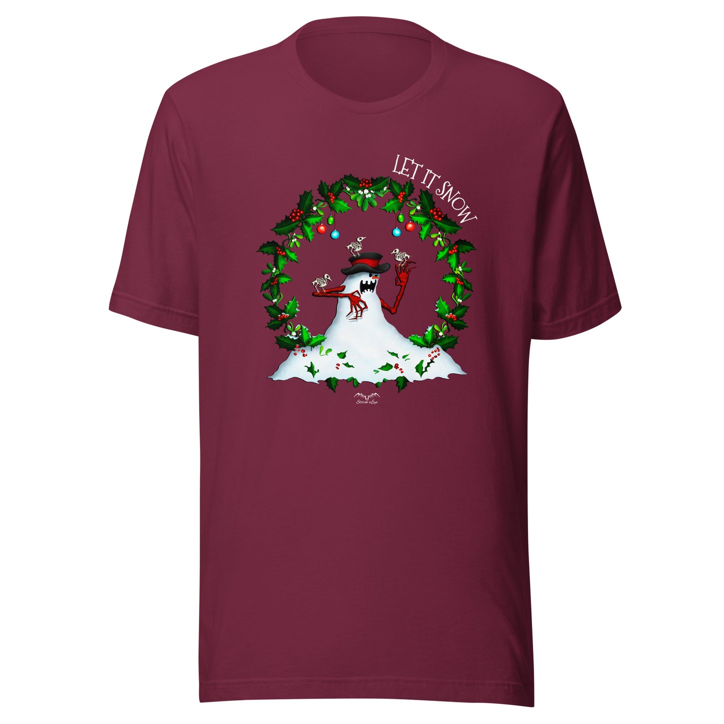 stormseye design evil snowman alternative christmas T shirt, flat view dark red