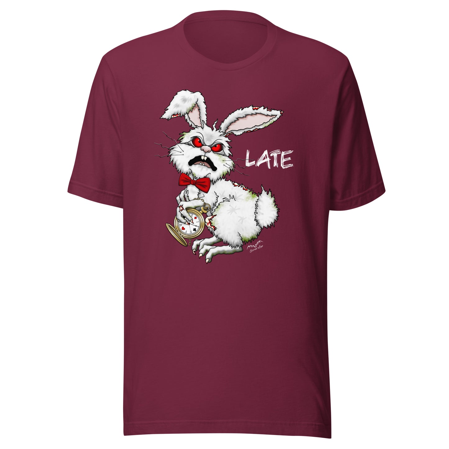 Stormseye Design zombie bunny t shirt, flat view maroon red